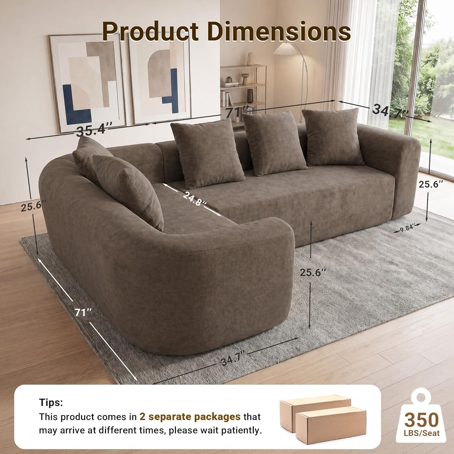 image:imageClaiks Pebble Boneless Couch 71 Chaise Longue Modular Sectional Sofa Deep Seat Couches for Living Room Soft Knitted Fabric for Apartment Bedroom No Assembly RequiredBeigeLight Grey