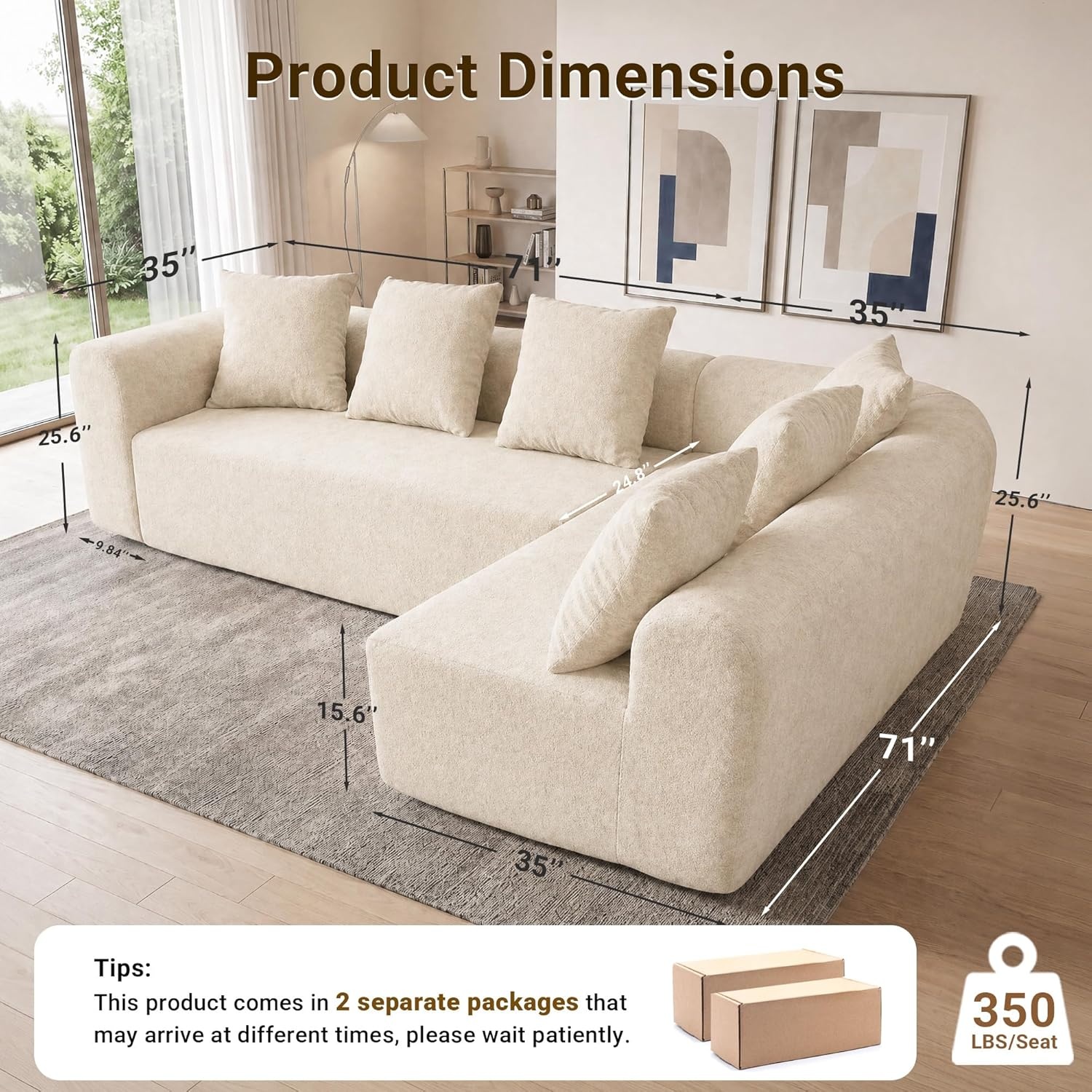 image:imageClaiks Pebble Boneless Couch 71 Chaise Longue Modular Sectional Sofa Deep Seat Couches for Living Room Soft Knitted Fabric for Apartment Bedroom No Assembly RequiredBeigeBeige