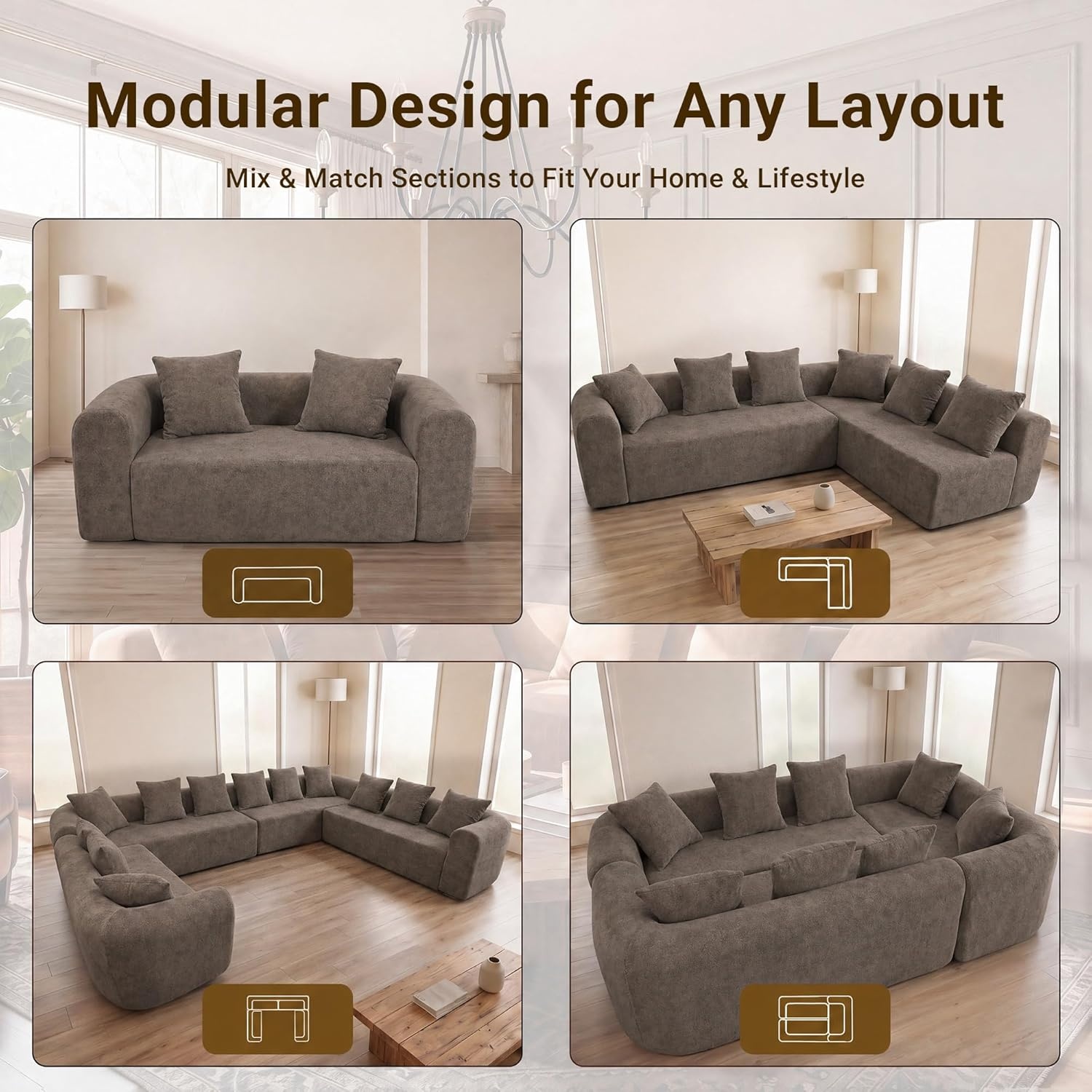 image:imageClaiks Pebble Boneless Couch 71 Chaise Longue Modular Sectional Sofa Deep Seat Couches for Living Room Soft Knitted Fabric for Apartment Bedroom No Assembly RequiredBeigeLight Grey