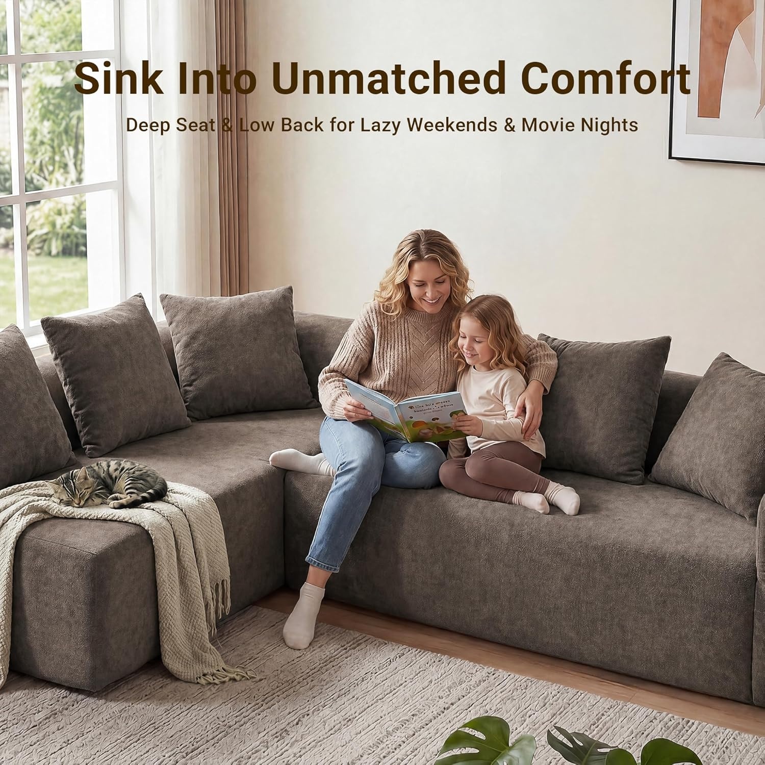 image:imageClaiks Pebble Boneless Couch 71 Chaise Longue Modular Sectional Sofa Deep Seat Couches for Living Room Soft Knitted Fabric for Apartment Bedroom No Assembly RequiredBeigeLight Grey