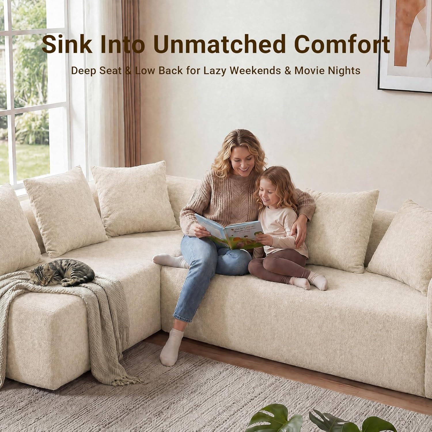 image:imageClaiks Pebble Boneless Couch 71 Chaise Longue Modular Sectional Sofa Deep Seat Couches for Living Room Soft Knitted Fabric for Apartment Bedroom No Assembly RequiredBeigeBeige