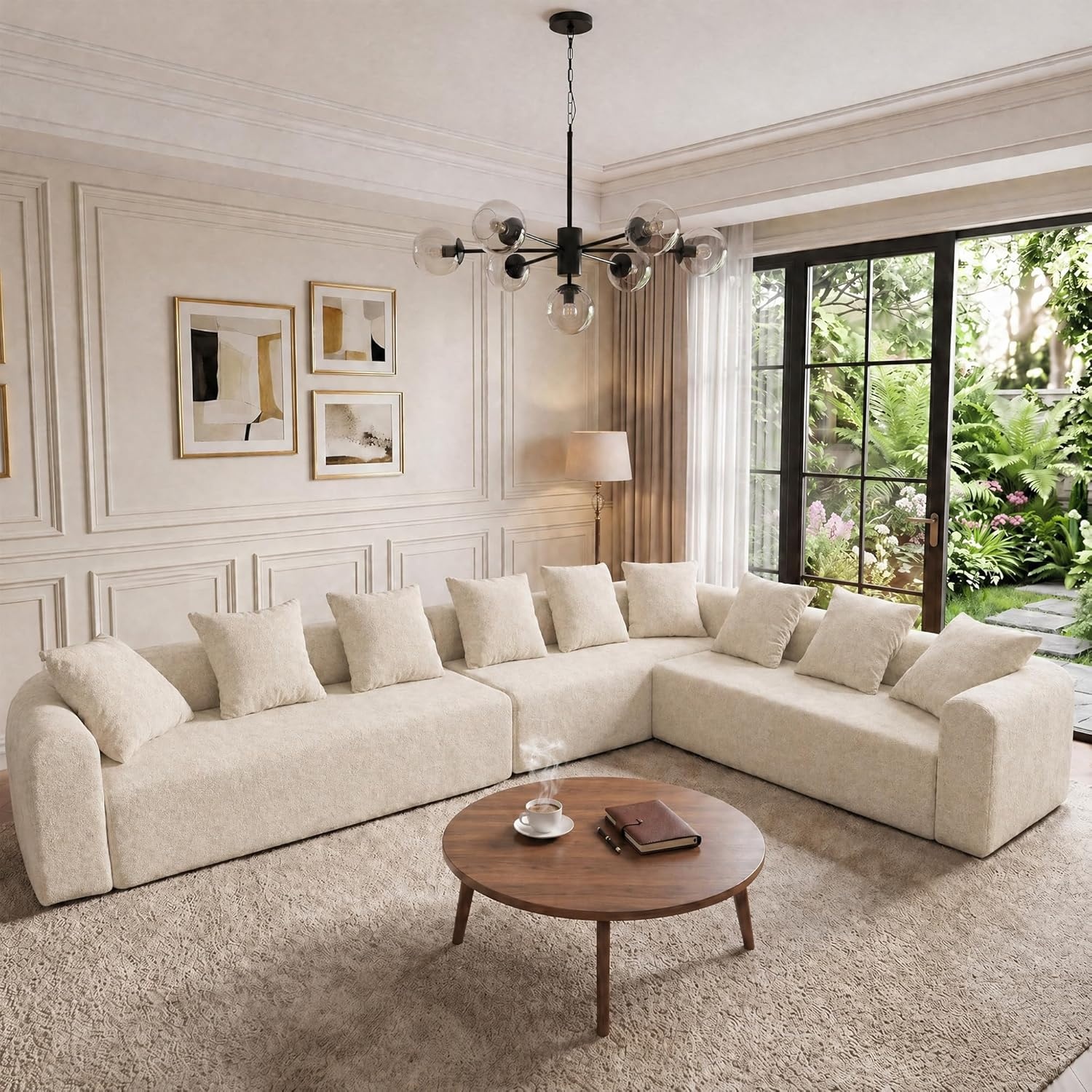 image:imageClaiks Pebble Boneless Couch 71 Chaise Longue Modular Sectional Sofa Deep Seat Couches for Living Room Soft Knitted Fabric for Apartment Bedroom No Assembly RequiredBeigeBeige