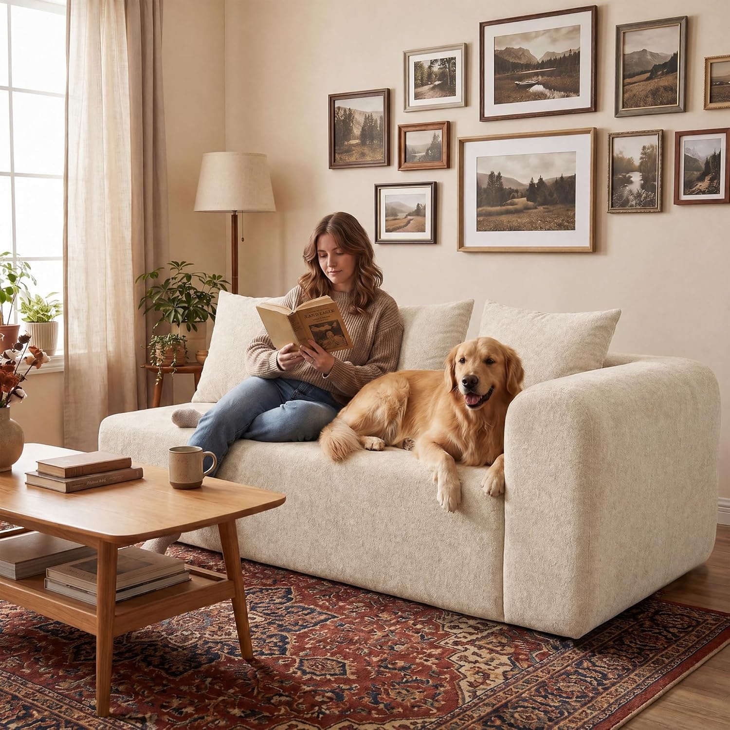 image:imageClaiks Pebble Boneless Couch 71 Chaise Longue Modular Sectional Sofa Deep Seat Couches for Living Room Soft Knitted Fabric for Apartment Bedroom No Assembly RequiredBeigeBeige