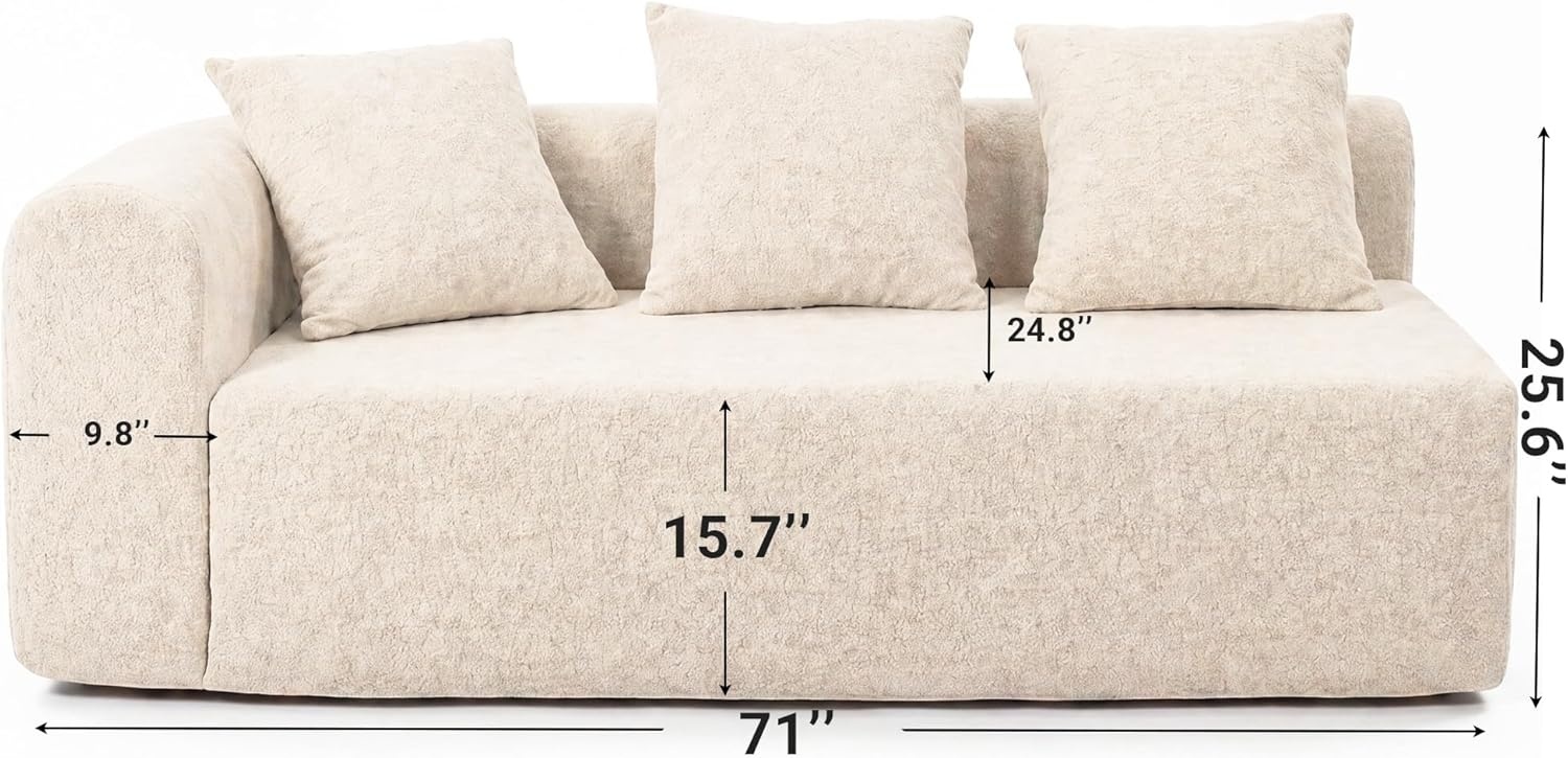 image:imageClaiks Pebble Boneless Couch 71 Chaise Longue Modular Sectional Sofa Deep Seat Couches for Living Room Soft Knitted Fabric for Apartment Bedroom No Assembly RequiredBeigeBeige