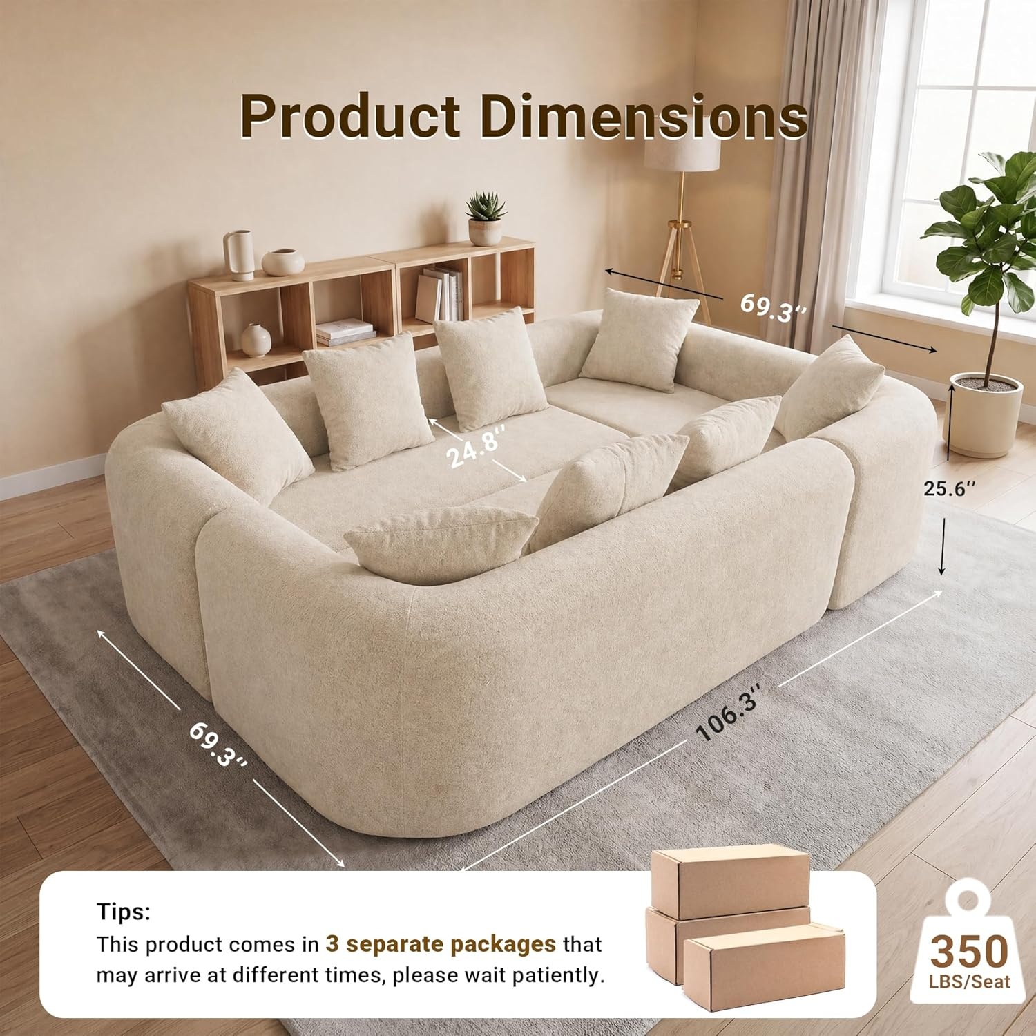 image:imageClaiks Pebble Boneless Couch 71 Chaise Longue Modular Sectional Sofa Deep Seat Couches for Living Room Soft Knitted Fabric for Apartment Bedroom No Assembly RequiredBeigeBeige