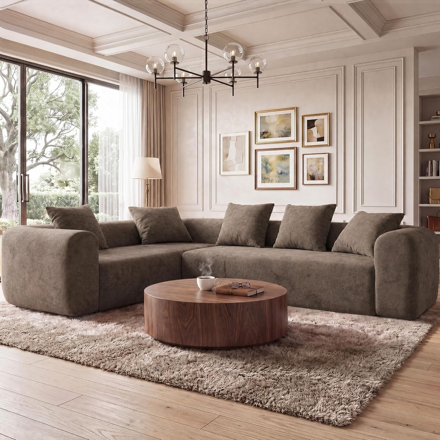 image:imageClaiks Pebble Boneless Couch 71 Chaise Longue Modular Sectional Sofa Deep Seat Couches for Living Room Soft Knitted Fabric for Apartment Bedroom No Assembly RequiredBeigeLight Grey