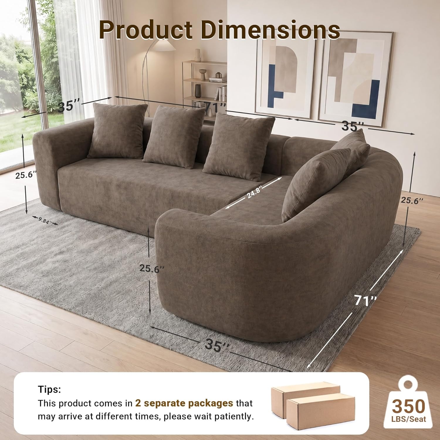 image:imageClaiks Pebble Boneless Couch 71 Chaise Longue Modular Sectional Sofa Deep Seat Couches for Living Room Soft Knitted Fabric for Apartment Bedroom No Assembly RequiredBeigeLight Grey