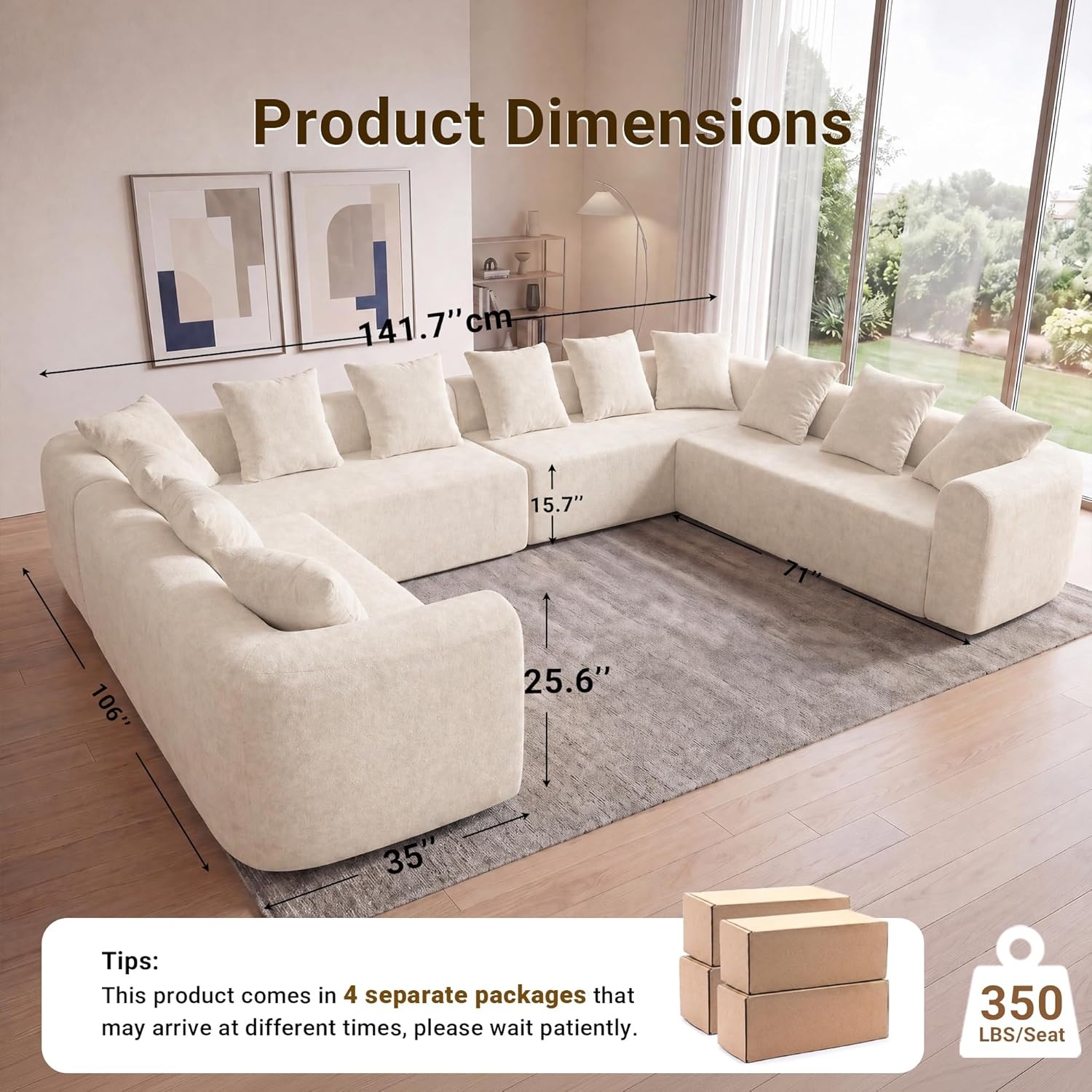 image:imageClaiks Pebble Boneless Couch 71 Chaise Longue Modular Sectional Sofa Deep Seat Couches for Living Room Soft Knitted Fabric for Apartment Bedroom No Assembly RequiredBeigeBeige