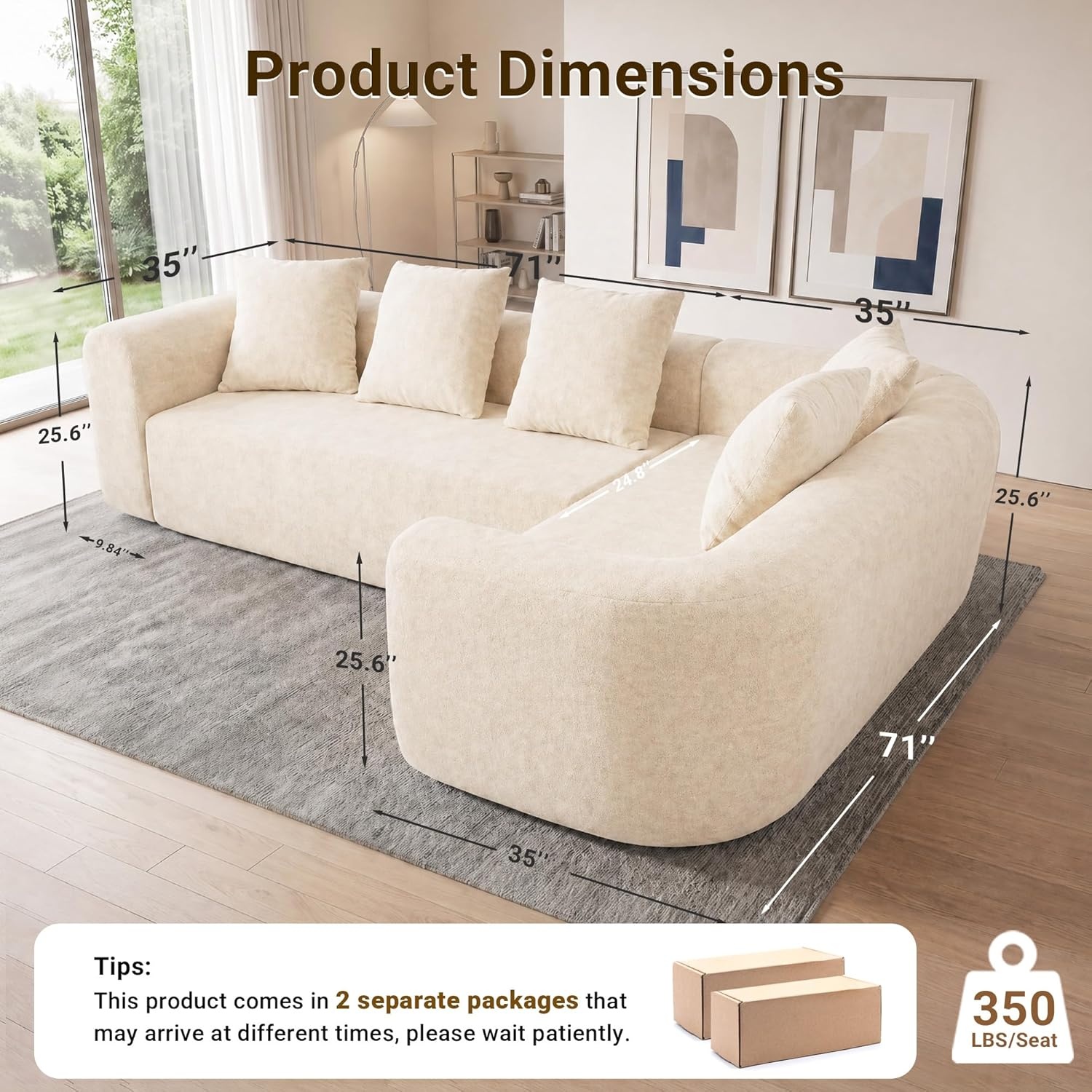 image:imageClaiks Pebble Boneless Couch 71 Chaise Longue Modular Sectional Sofa Deep Seat Couches for Living Room Soft Knitted Fabric for Apartment Bedroom No Assembly RequiredBeigeBeige