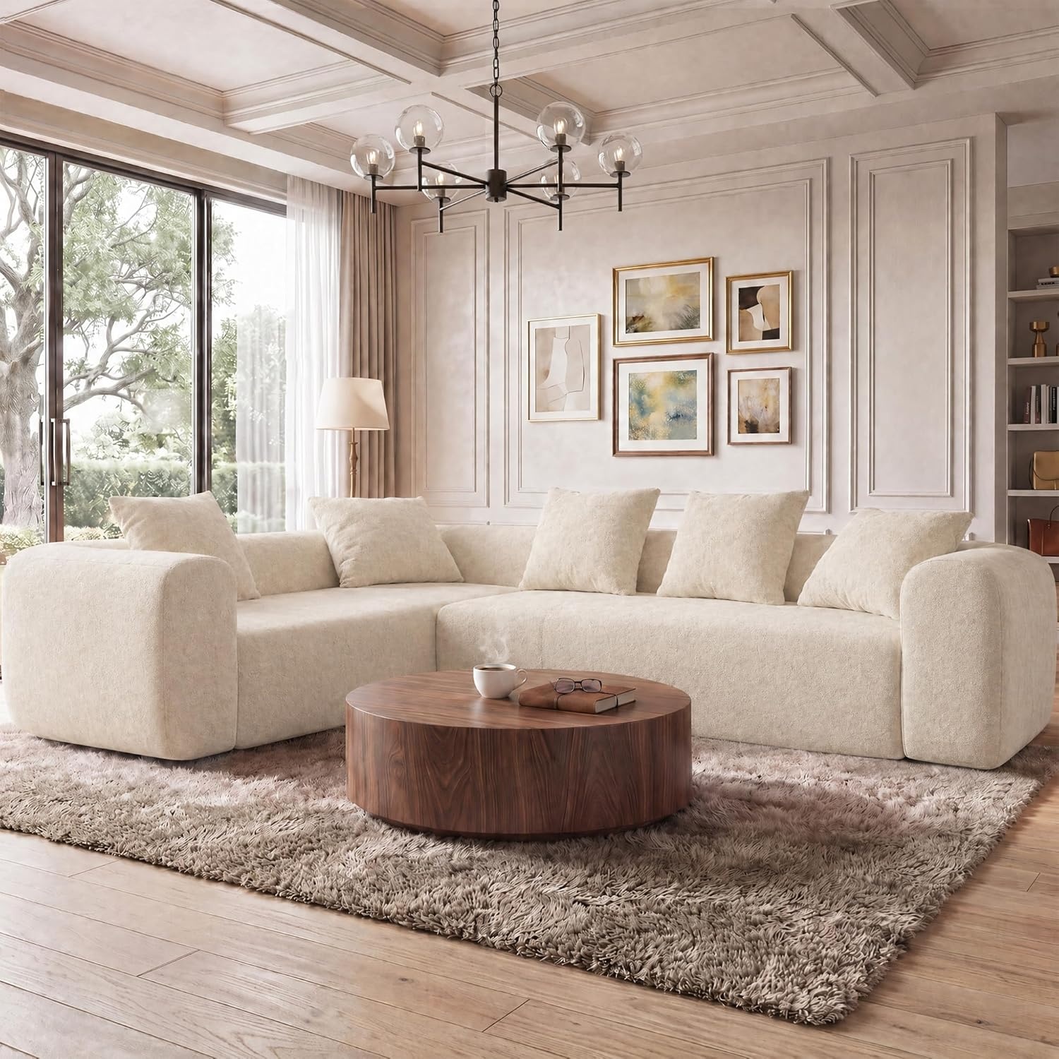 image:imageClaiks Pebble Boneless Couch 71 Chaise Longue Modular Sectional Sofa Deep Seat Couches for Living Room Soft Knitted Fabric for Apartment Bedroom No Assembly RequiredBeigeBeige