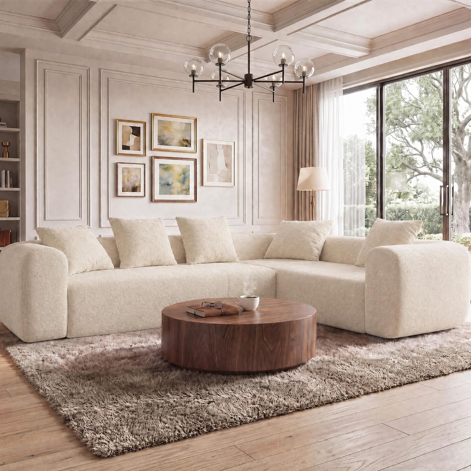 image:imageClaiks Pebble Boneless Couch 71 Chaise Longue Modular Sectional Sofa Deep Seat Couches for Living Room Soft Knitted Fabric for Apartment Bedroom No Assembly RequiredBeigeBeige