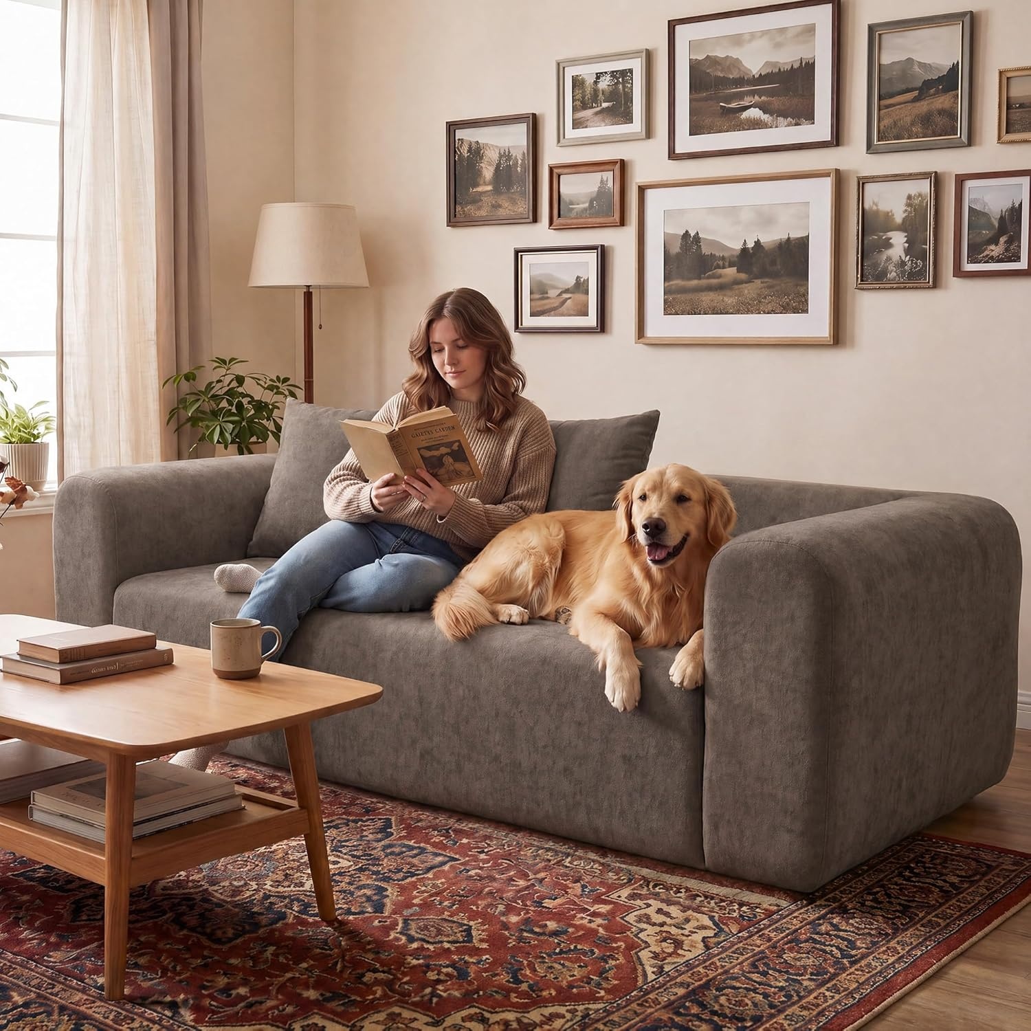 image:imageClaiks Pebble Boneless Couch 71 Chaise Longue Modular Sectional Sofa Deep Seat Couches for Living Room Soft Knitted Fabric for Apartment Bedroom No Assembly RequiredBeigeLight Grey