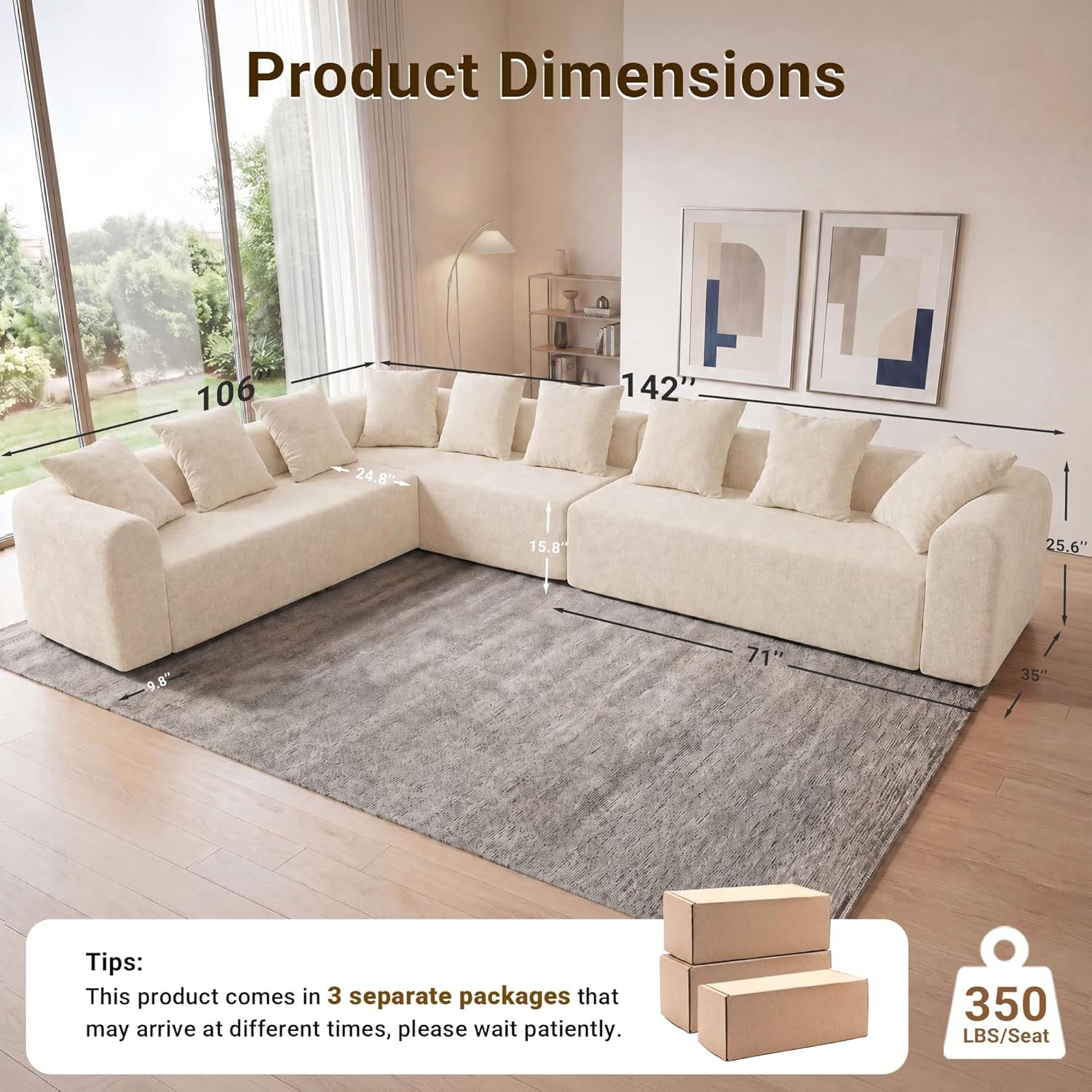 image:imageClaiks Pebble Boneless Couch 71 Chaise Longue Modular Sectional Sofa Deep Seat Couches for Living Room Soft Knitted Fabric for Apartment Bedroom No Assembly RequiredBeigeBeige