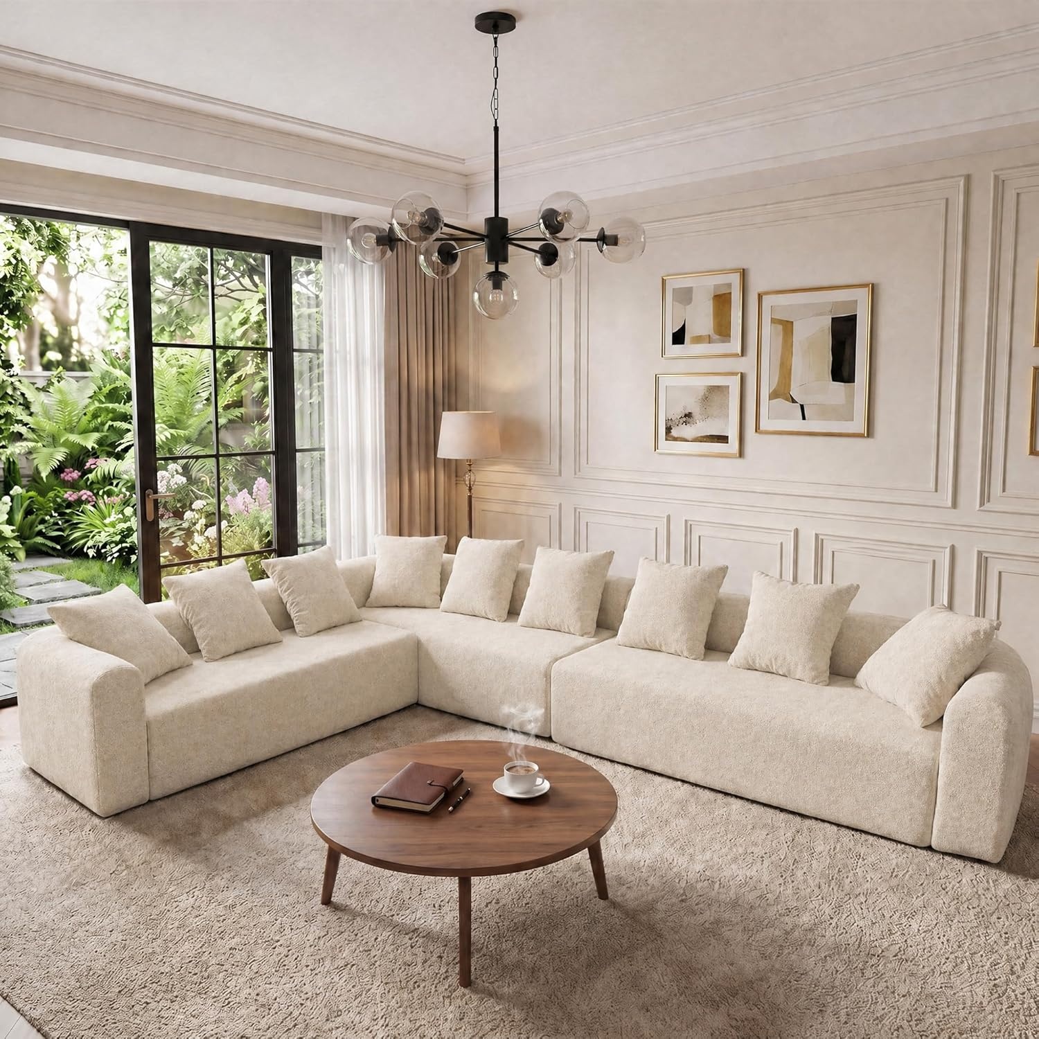 image:imageClaiks Pebble Boneless Couch 71 Chaise Longue Modular Sectional Sofa Deep Seat Couches for Living Room Soft Knitted Fabric for Apartment Bedroom No Assembly RequiredBeigeBeige