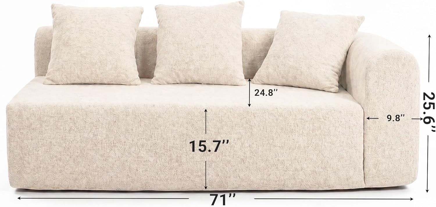 image:imageClaiks Pebble Boneless Couch 71 Chaise Longue Modular Sectional Sofa Deep Seat Couches for Living Room Soft Knitted Fabric for Apartment Bedroom No Assembly RequiredBeigeBeige