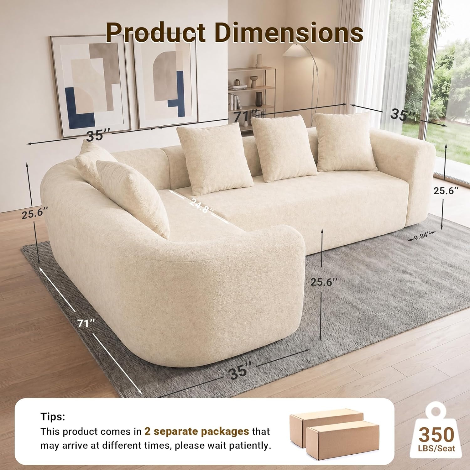 image:imageClaiks Pebble Boneless Couch 71 Chaise Longue Modular Sectional Sofa Deep Seat Couches for Living Room Soft Knitted Fabric for Apartment Bedroom No Assembly RequiredBeigeBeige