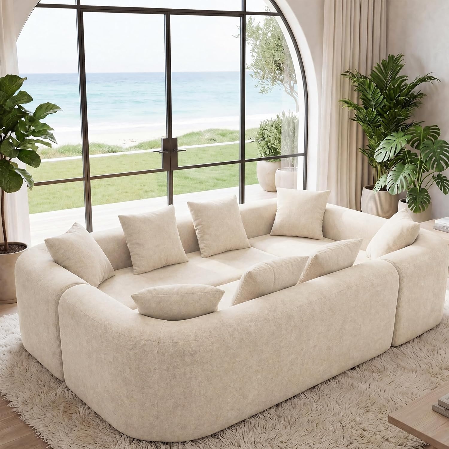 image:imageClaiks Pebble Boneless Couch 71 Chaise Longue Modular Sectional Sofa Deep Seat Couches for Living Room Soft Knitted Fabric for Apartment Bedroom No Assembly RequiredBeigeBeige