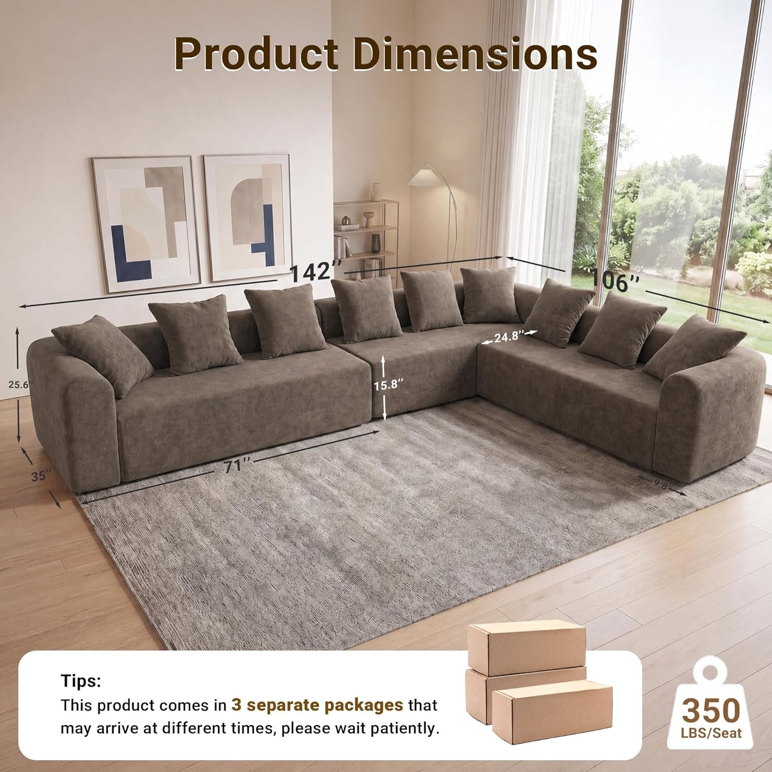 image:imageClaiks Pebble Boneless Couch 71 Chaise Longue Modular Sectional Sofa Deep Seat Couches for Living Room Soft Knitted Fabric for Apartment Bedroom No Assembly RequiredBeigeLight Grey