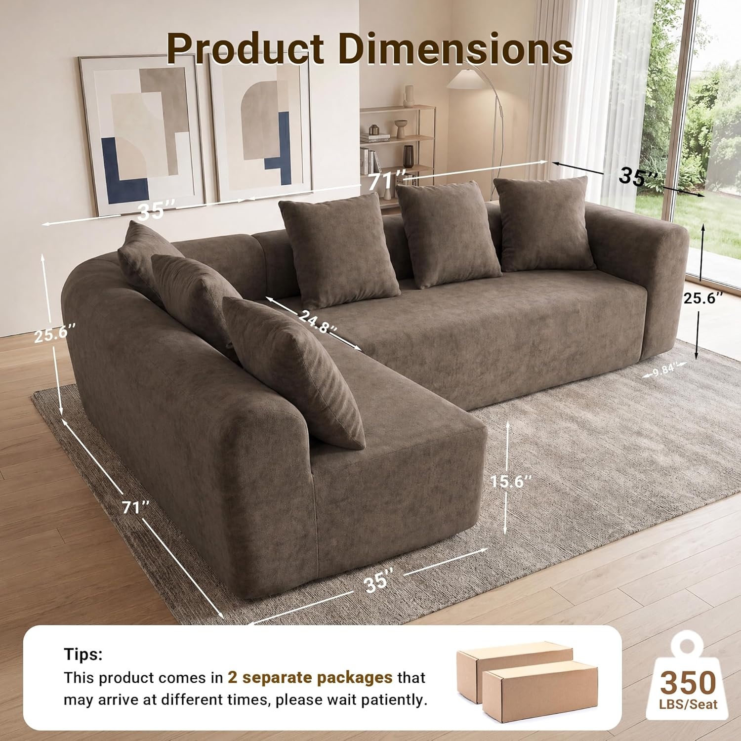 image:imageClaiks Pebble Boneless Couch 71 Chaise Longue Modular Sectional Sofa Deep Seat Couches for Living Room Soft Knitted Fabric for Apartment Bedroom No Assembly RequiredBeigeLight Grey