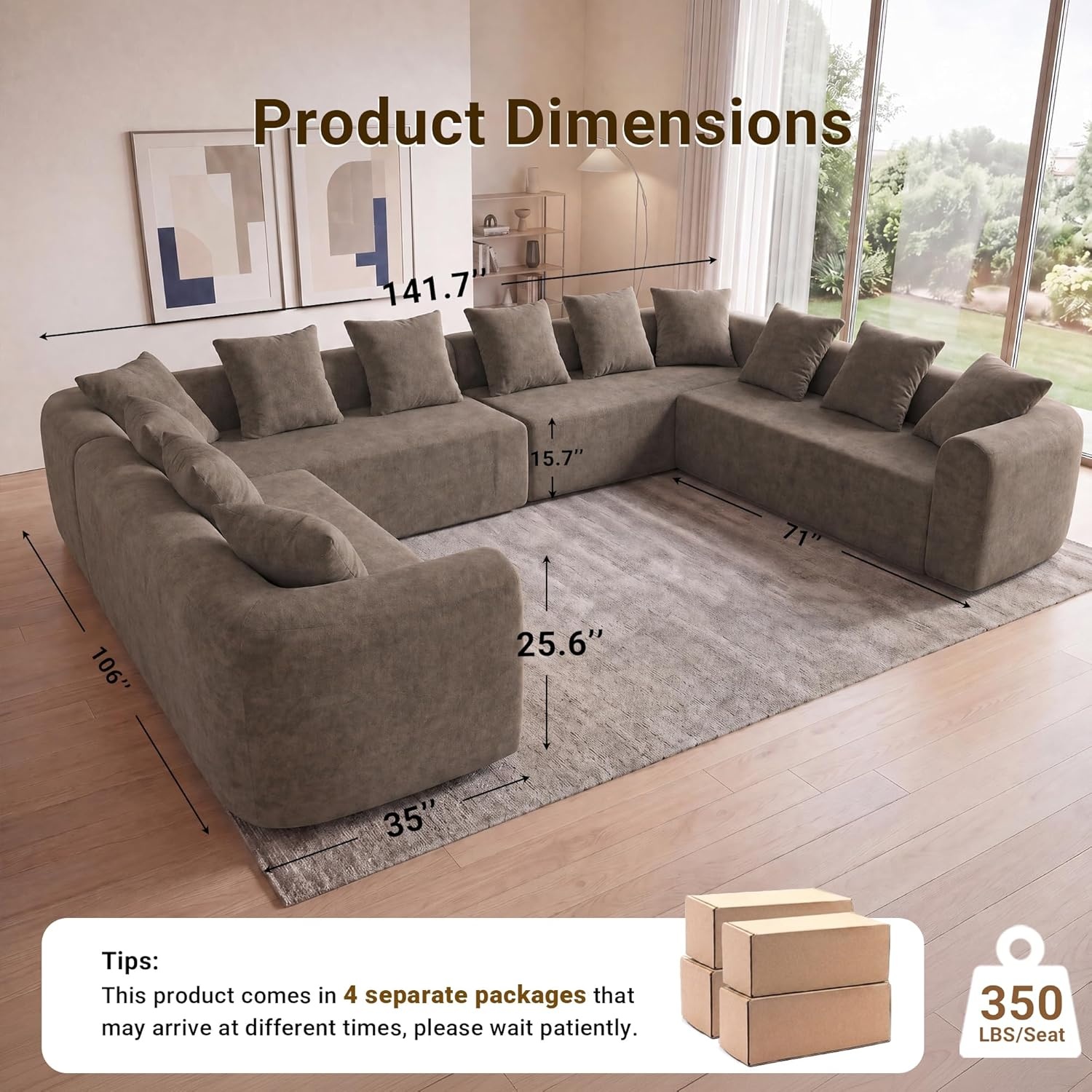 image:imageClaiks Pebble Boneless Couch 71 Chaise Longue Modular Sectional Sofa Deep Seat Couches for Living Room Soft Knitted Fabric for Apartment Bedroom No Assembly RequiredBeigeLight Grey