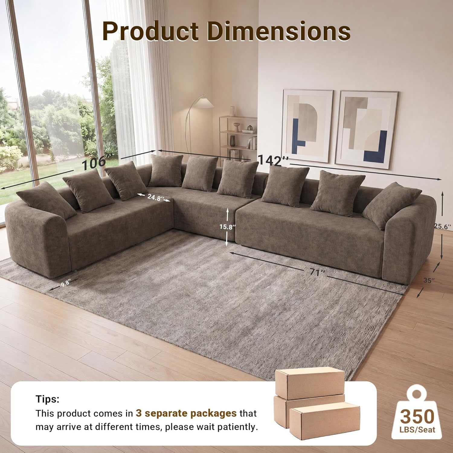 image:imageClaiks Pebble Boneless Couch 71 Chaise Longue Modular Sectional Sofa Deep Seat Couches for Living Room Soft Knitted Fabric for Apartment Bedroom No Assembly RequiredBeigeLight Grey