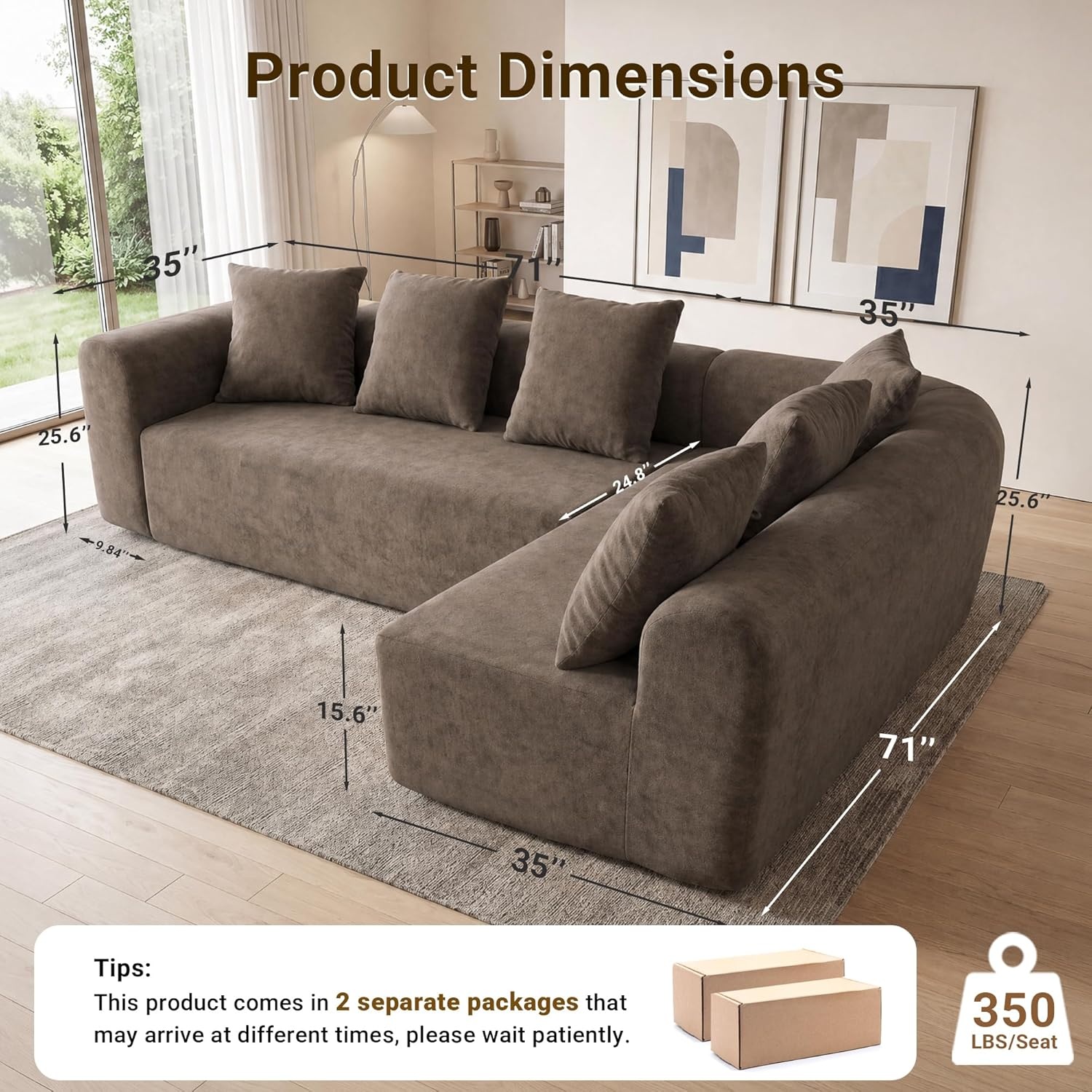 image:imageClaiks Pebble Boneless Couch 71 Chaise Longue Modular Sectional Sofa Deep Seat Couches for Living Room Soft Knitted Fabric for Apartment Bedroom No Assembly RequiredBeigeLight Grey