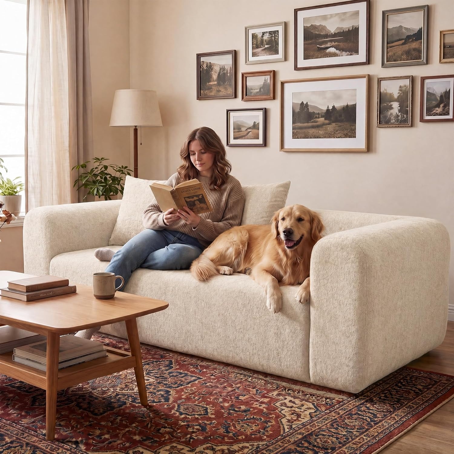 image:imageClaiks Pebble Boneless Couch 71 Chaise Longue Modular Sectional Sofa Deep Seat Couches for Living Room Soft Knitted Fabric for Apartment Bedroom No Assembly RequiredBeigeBeige
