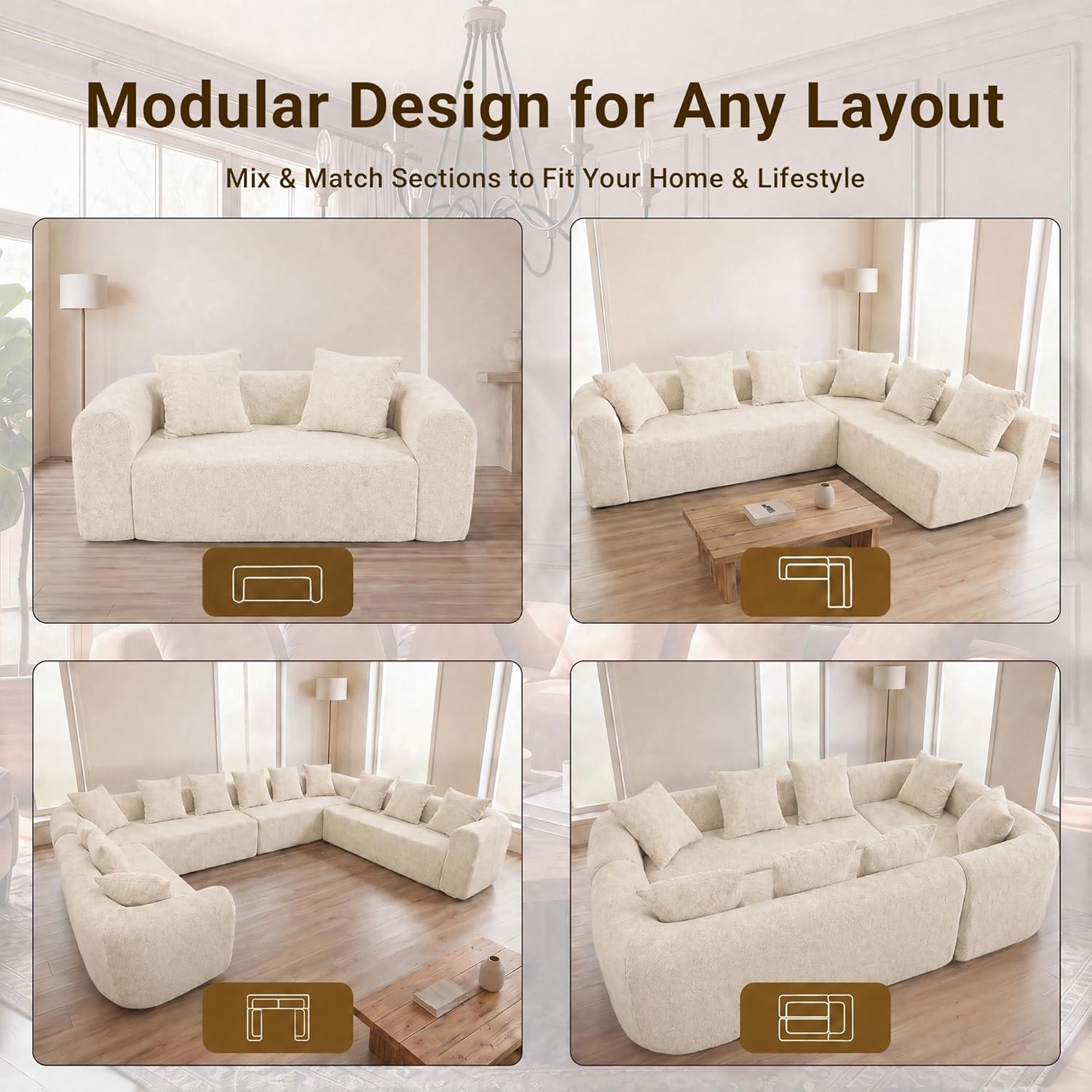 image:imageClaiks Pebble Boneless Couch 71 Chaise Longue Modular Sectional Sofa Deep Seat Couches for Living Room Soft Knitted Fabric for Apartment Bedroom No Assembly RequiredBeigeBeige