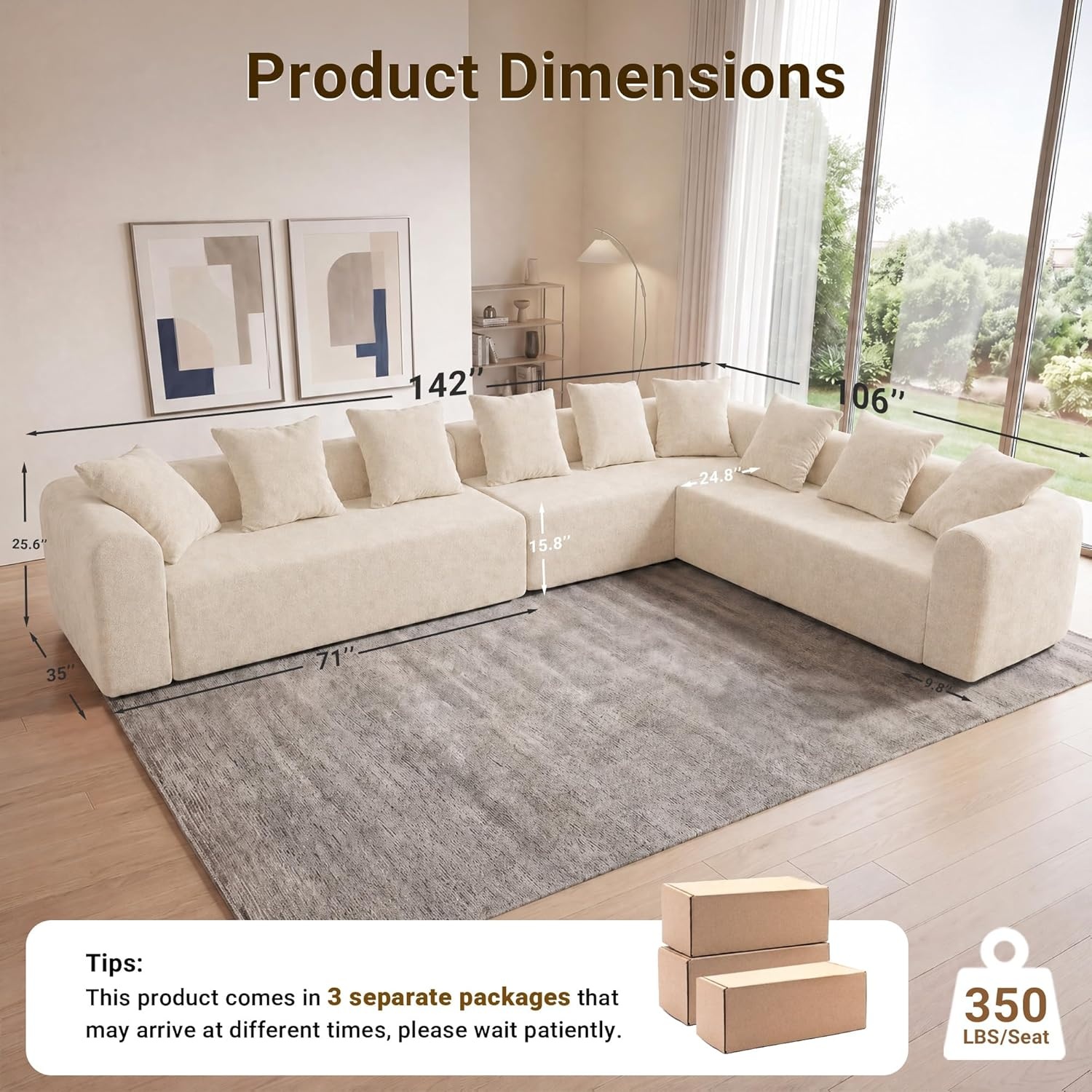 image:imageClaiks Pebble Boneless Couch 71 Chaise Longue Modular Sectional Sofa Deep Seat Couches for Living Room Soft Knitted Fabric for Apartment Bedroom No Assembly RequiredBeigeBeige