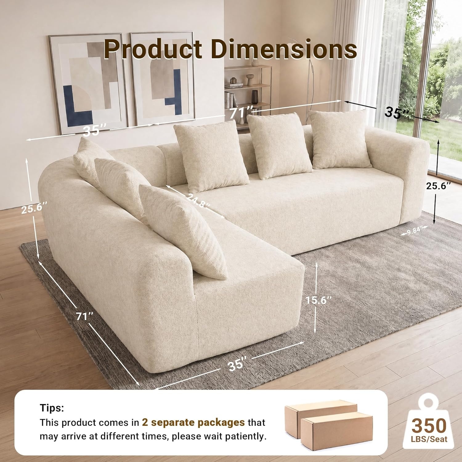 image:imageClaiks Pebble Boneless Couch 71 Chaise Longue Modular Sectional Sofa Deep Seat Couches for Living Room Soft Knitted Fabric for Apartment Bedroom No Assembly RequiredBeigeBeige