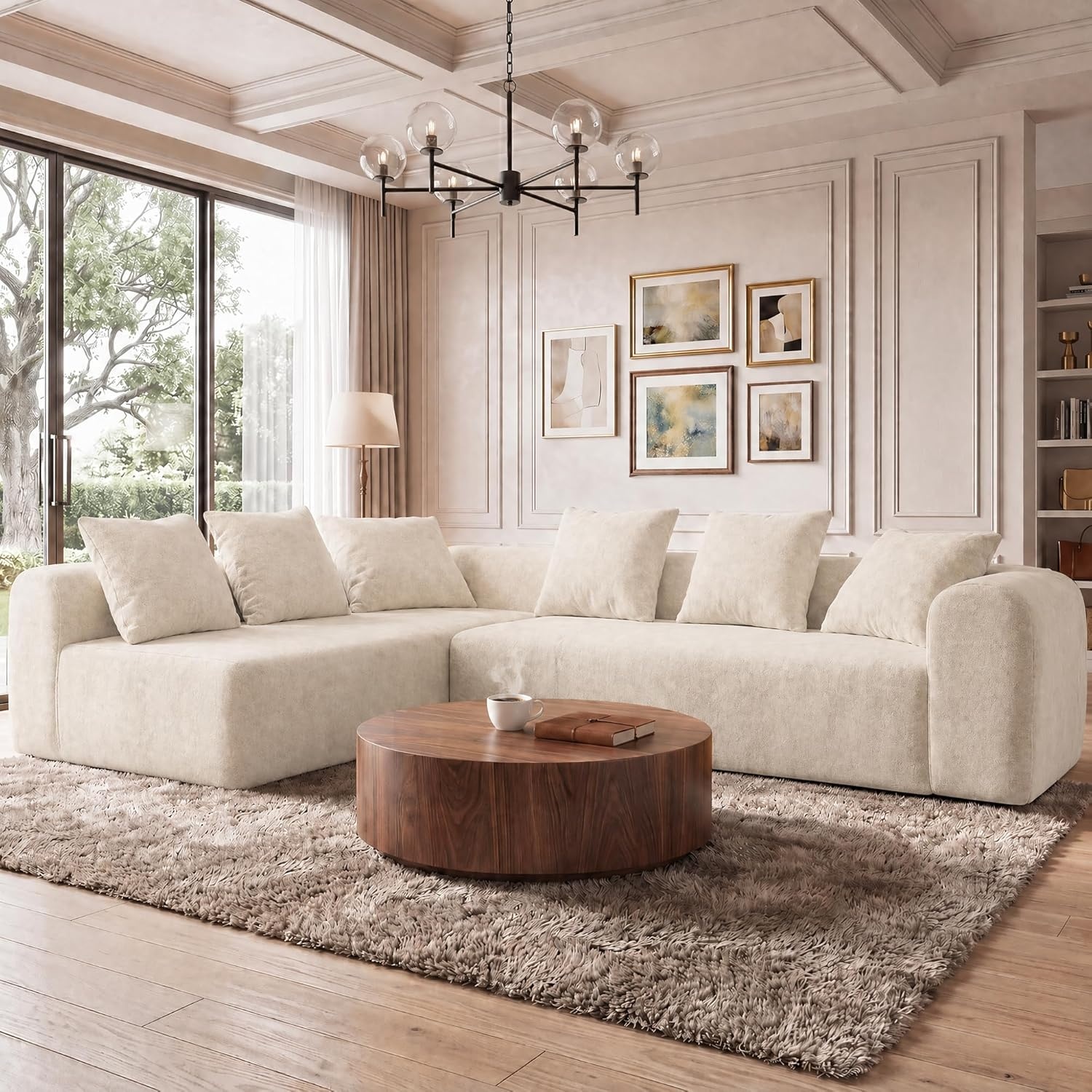 image:imageClaiks Pebble Boneless Couch 71 Chaise Longue Modular Sectional Sofa Deep Seat Couches for Living Room Soft Knitted Fabric for Apartment Bedroom No Assembly RequiredBeigeBeige