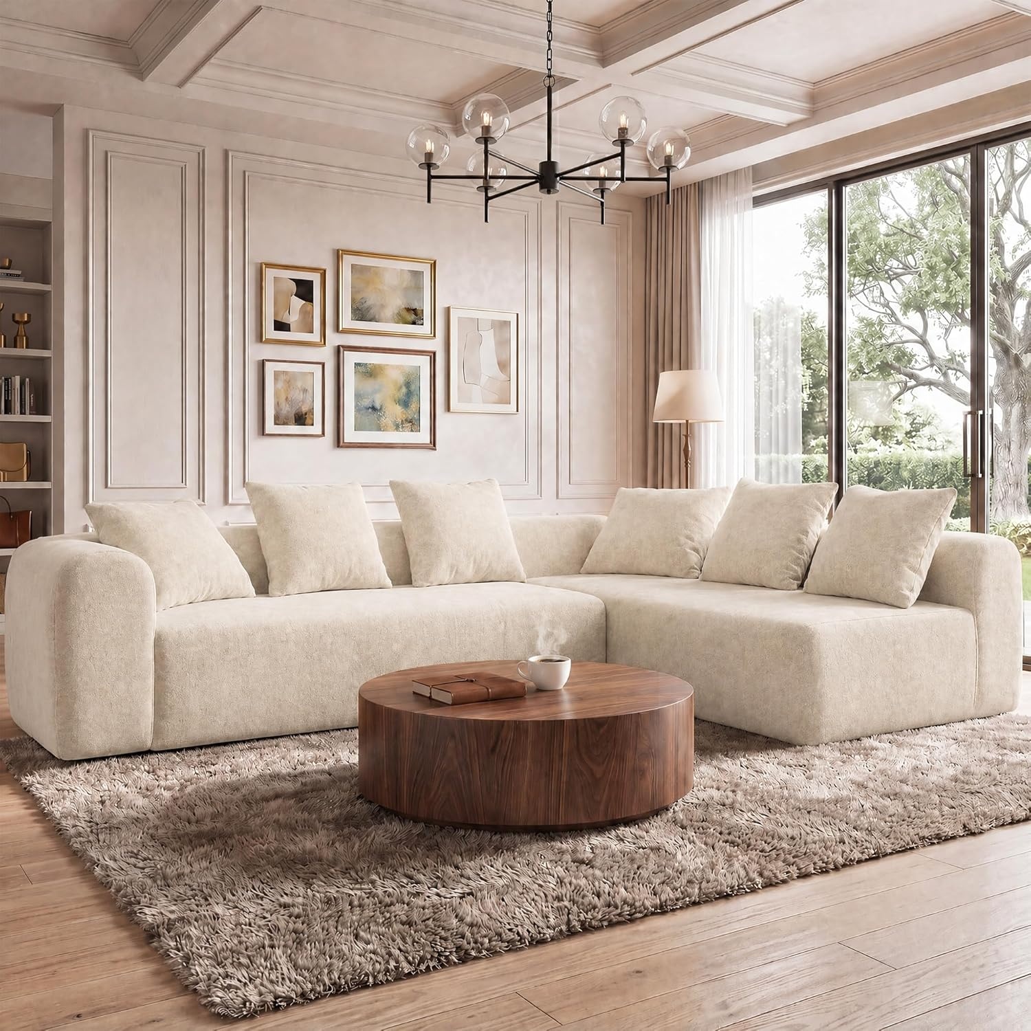 image:imageClaiks Pebble Boneless Couch 71 Chaise Longue Modular Sectional Sofa Deep Seat Couches for Living Room Soft Knitted Fabric for Apartment Bedroom No Assembly RequiredBeigeBeige