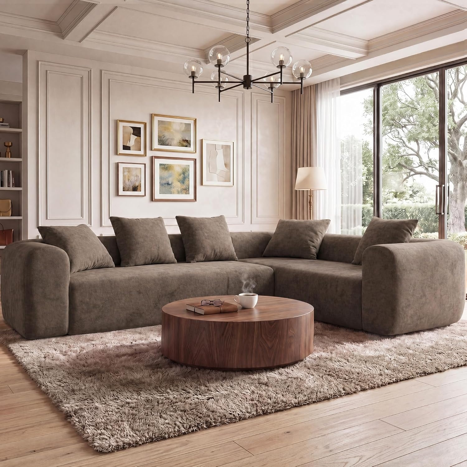 image:imageClaiks Pebble Boneless Couch 71 Chaise Longue Modular Sectional Sofa Deep Seat Couches for Living Room Soft Knitted Fabric for Apartment Bedroom No Assembly RequiredBeigeLight Grey