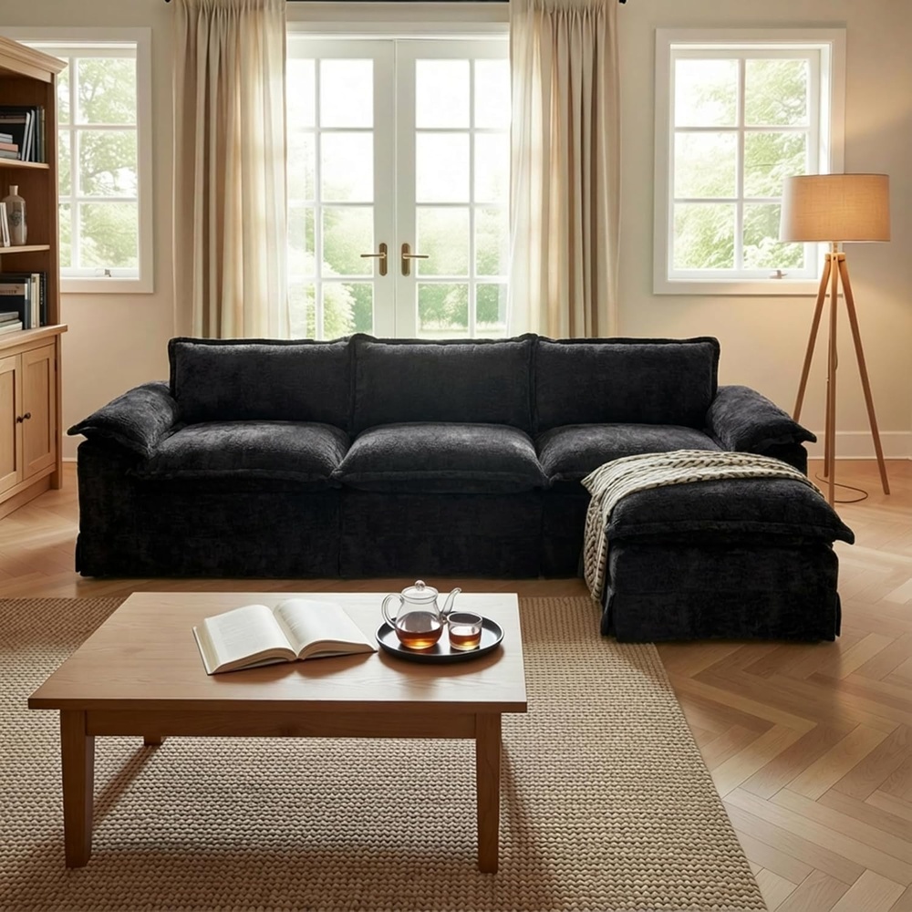 image:imageClaiks 118 Modern Boneless Couch Corduroy Modular Cloud Sofa for Living Room Deep Seat Sectional with Movable Ottoman No Assembly Required YellowBlack