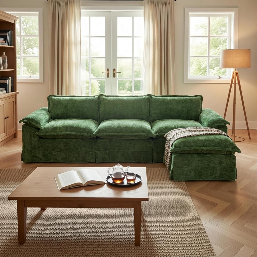 image:imageClaiks 118 Modern Boneless Couch Corduroy Modular Cloud Sofa for Living Room Deep Seat Sectional with Movable Ottoman No Assembly Required YellowDark Green