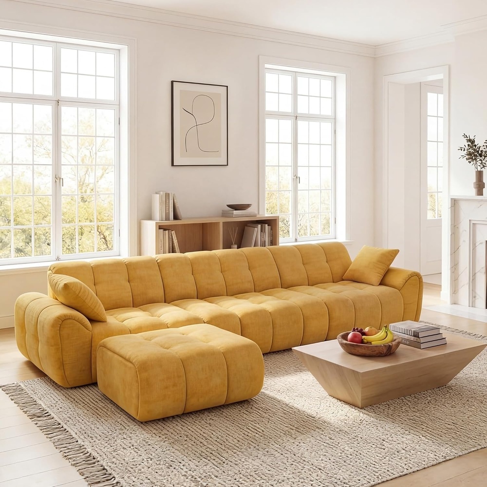 image:imageClaiks 118 Modern Boneless Couch Corduroy Modular Cloud Sofa for Living Room Deep Seat Sectional with Movable Ottoman No Assembly Required YellowYellow