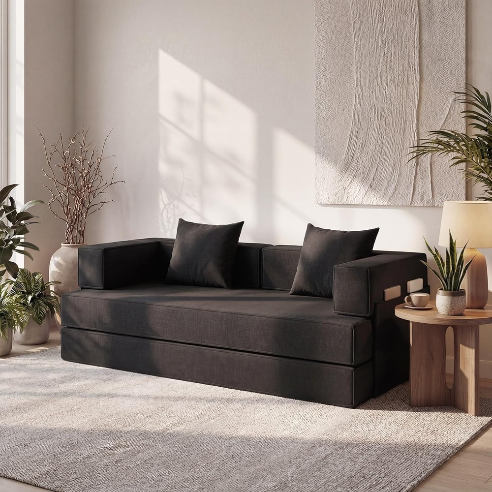 image:imageClaiks 4in1 Convertible Sofa Bed86 Inch Compression Sofa with Corduroy Fabric Pull Out Sleeper Sofa with 2 Pillows amp 4 Side Pockets for Living Room Bedroom ApartmentNo Assembly RequiredDark GreyBlack