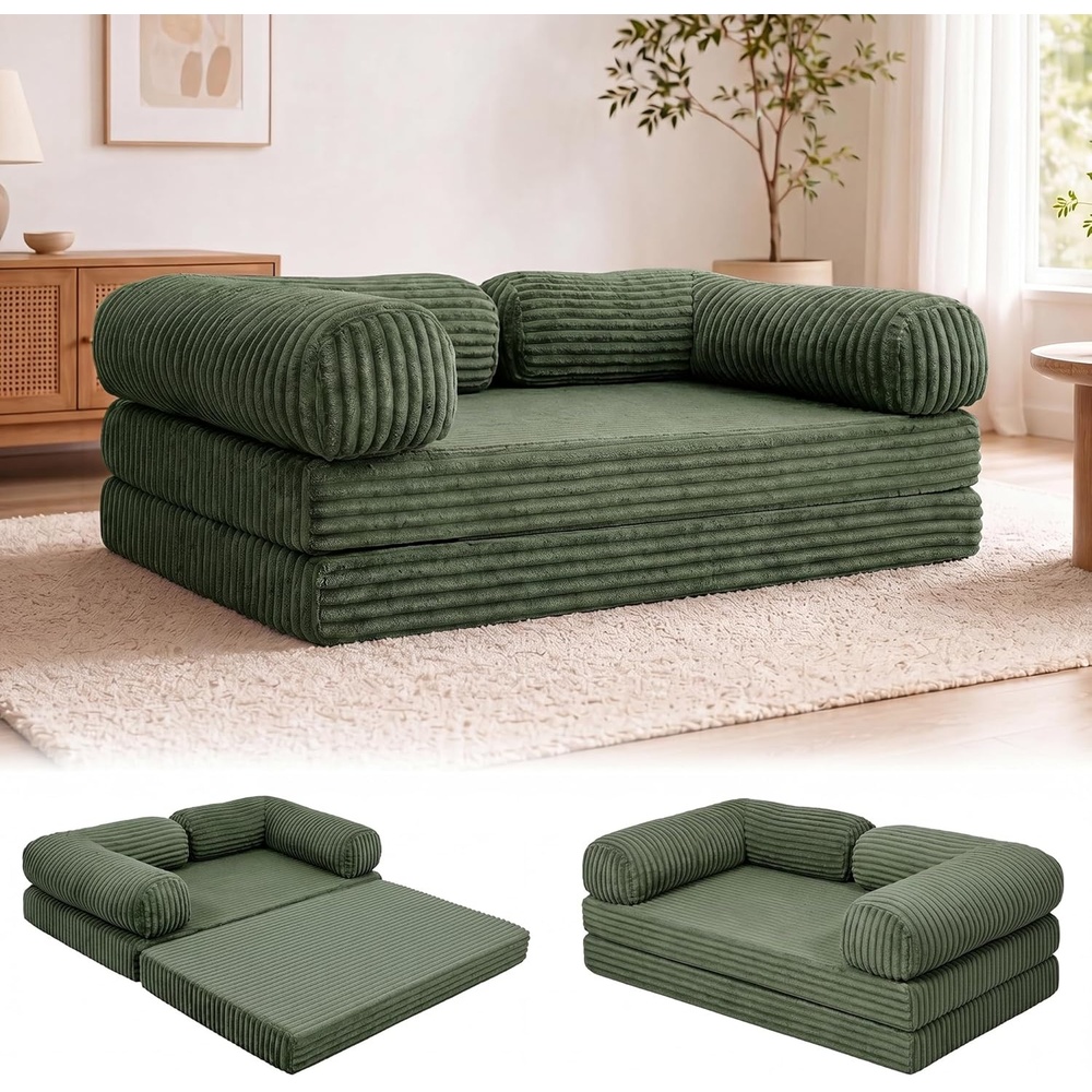 image:imageClaiks 75 Convertible Sofa Bed Corduroy Futon Couch Pull Out Bed No Assembly Boneless Couches for Living Room Bedroom Apartment GreenGrenn