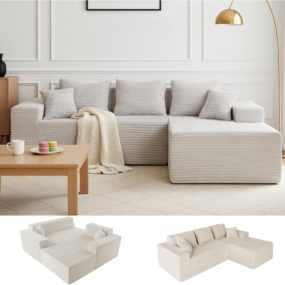 image:imageClaiks Boneless Couch Cloud Couch Sectional LShape Corduroy Modular Sectional Sofa Deep Seat Upholstered Couches for Living Room No Assembly Required Black Right Facing ChaiseBeige