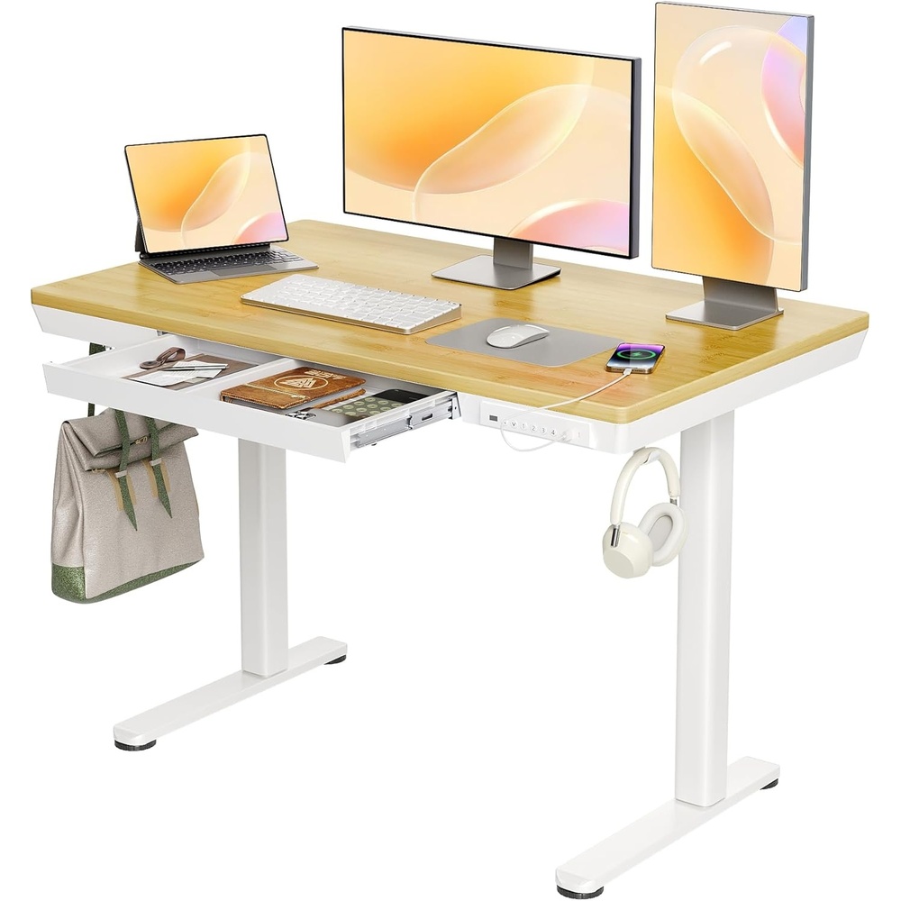 image:imageClaiks Glass Standing Desk with Drawers 4824 Inch Adjustable Stand Up Desk Quick Install Home Office Computer Desk with USB Ports WhiteBamboo