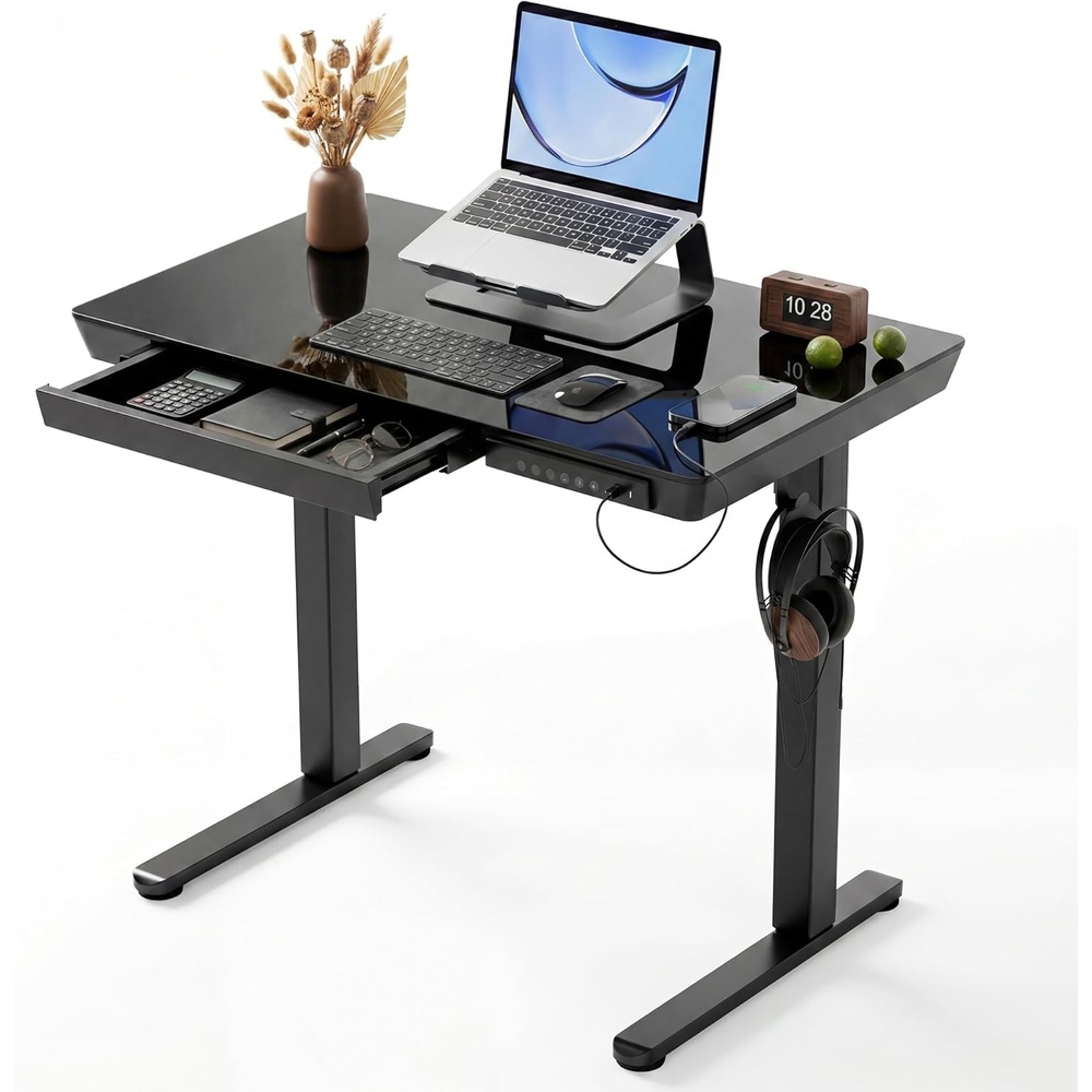image:imageClaiks Glass Standing Desk with Drawers 4824 Inch Adjustable Stand Up Desk Quick Install Home Office Computer Desk with USB Ports WhiteBlack