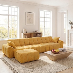 image:imageClaiks 118 Modern Boneless Couch Corduroy Modular Cloud Sofa for Living Room Deep Seat Sectional with Movable Ottoman No Assembly Required YellowYellow