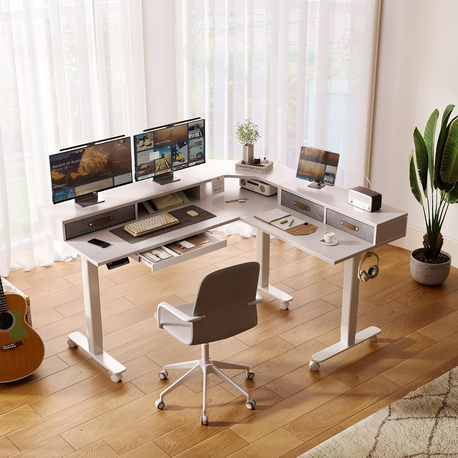 image:imageClaiks Dual Motor 63 L Shaped Standing Desk with Drawers Electric Height Adjustable Standing Desk with Monitor Stand amp Splice Board Black FrameRustic Brown TopWhite