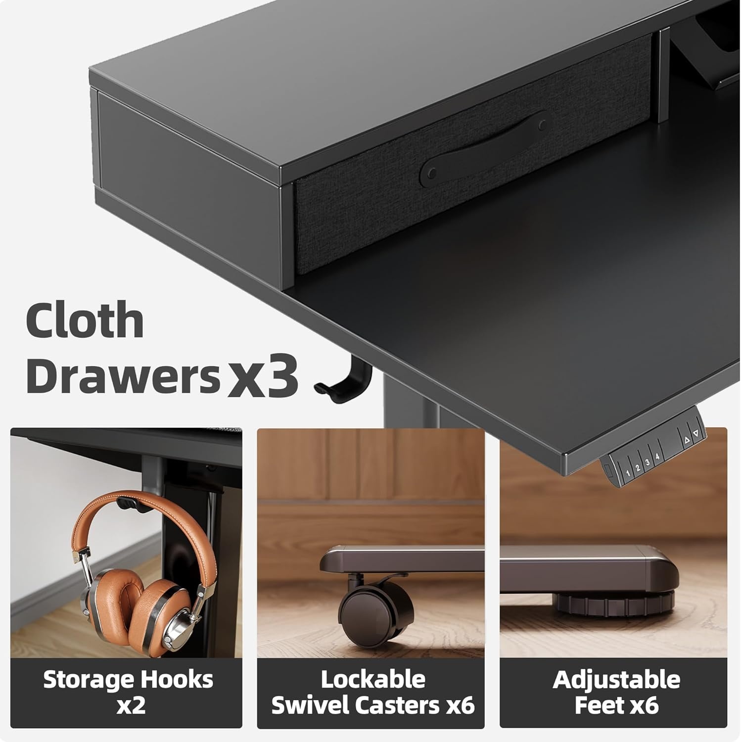 image:imageClaiks Dual Motor 63 L Shaped Standing Desk with Drawers Electric Height Adjustable Standing Desk with Monitor Stand amp Splice Board Black FrameRustic Brown TopBlack