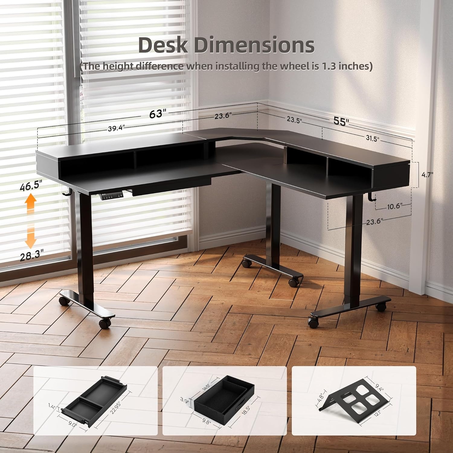 image:imageClaiks Dual Motor 63 L Shaped Standing Desk with Drawers Electric Height Adjustable Standing Desk with Monitor Stand amp Splice Board Black FrameRustic Brown TopBlack