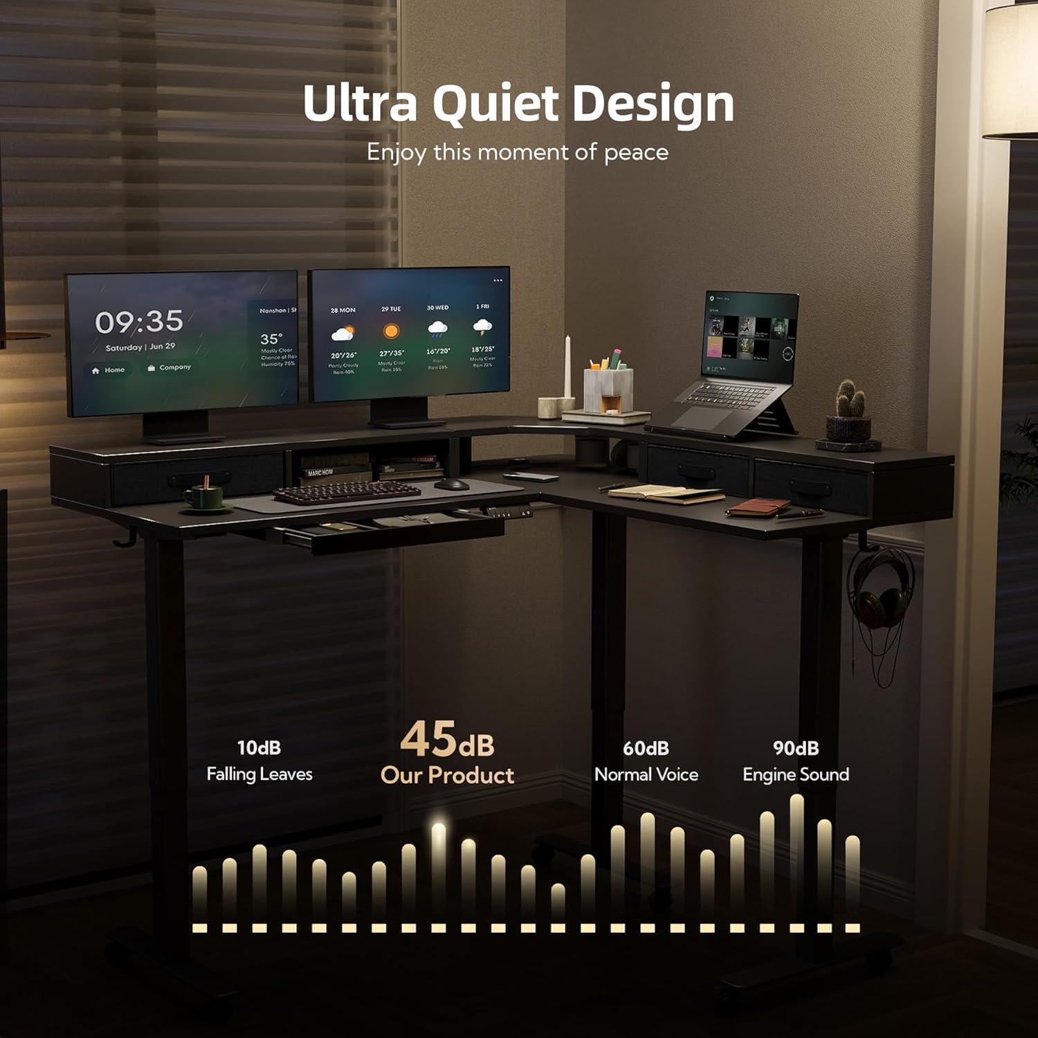 image:imageClaiks Dual Motor 63 L Shaped Standing Desk with Drawers Electric Height Adjustable Standing Desk with Monitor Stand amp Splice Board Black FrameRustic Brown TopBlack