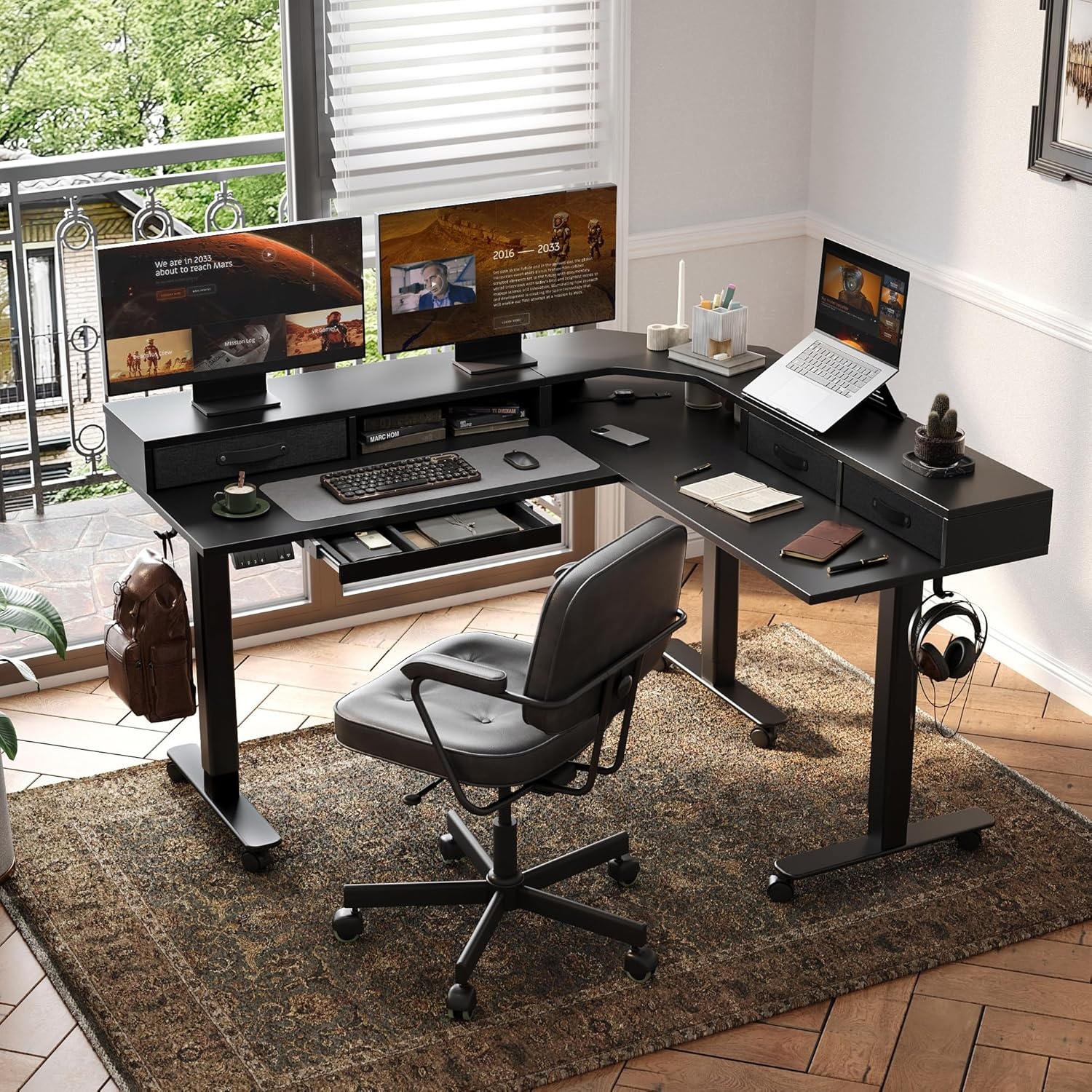 image:imageClaiks Dual Motor 63 L Shaped Standing Desk with Drawers Electric Height Adjustable Standing Desk with Monitor Stand amp Splice Board Black FrameRustic Brown TopBlack