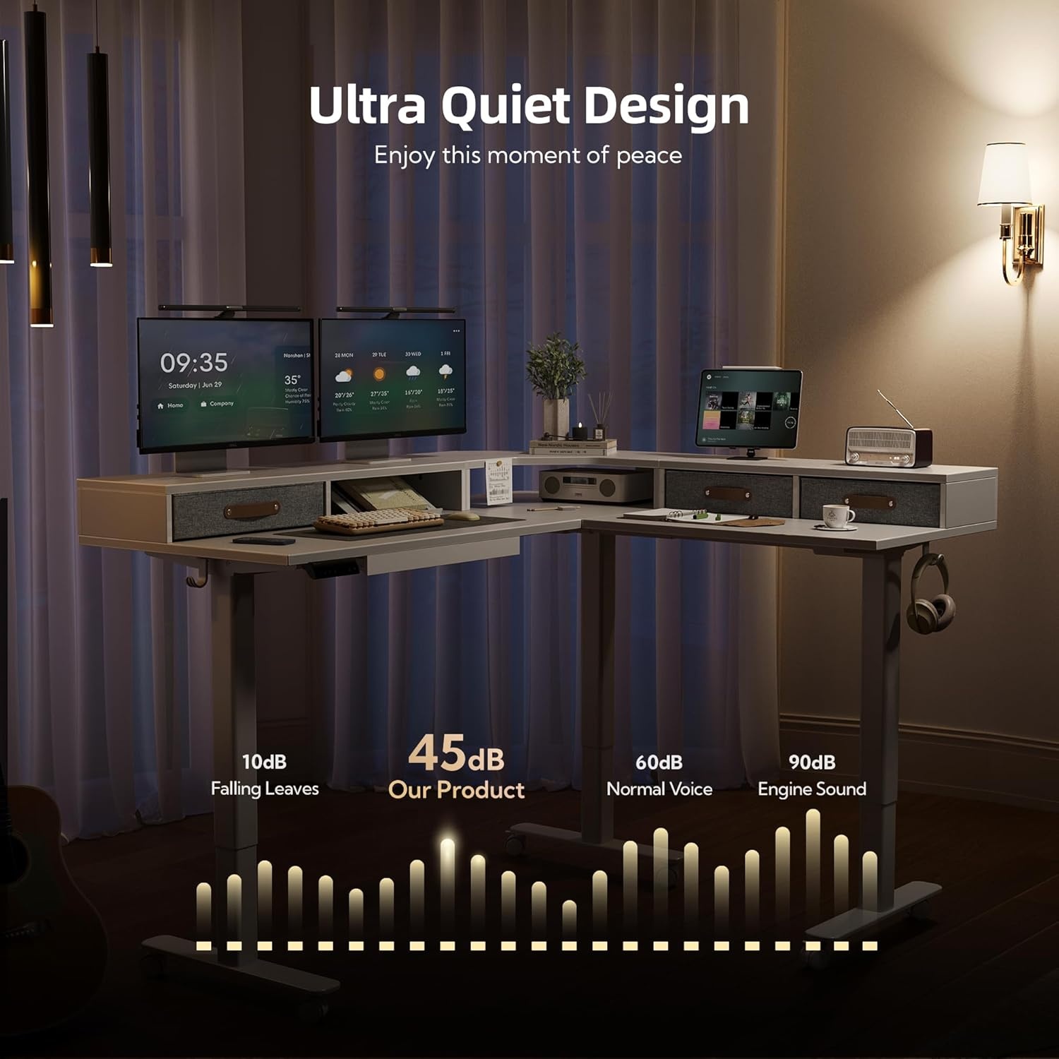 image:imageClaiks Dual Motor 63 L Shaped Standing Desk with Drawers Electric Height Adjustable Standing Desk with Monitor Stand amp Splice Board Black FrameRustic Brown TopWhite
