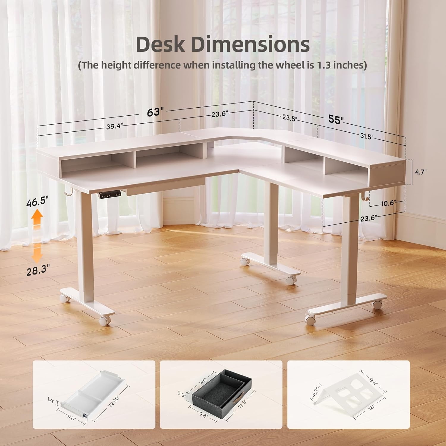 image:imageClaiks Dual Motor 63 L Shaped Standing Desk with Drawers Electric Height Adjustable Standing Desk with Monitor Stand amp Splice Board Black FrameRustic Brown TopWhite