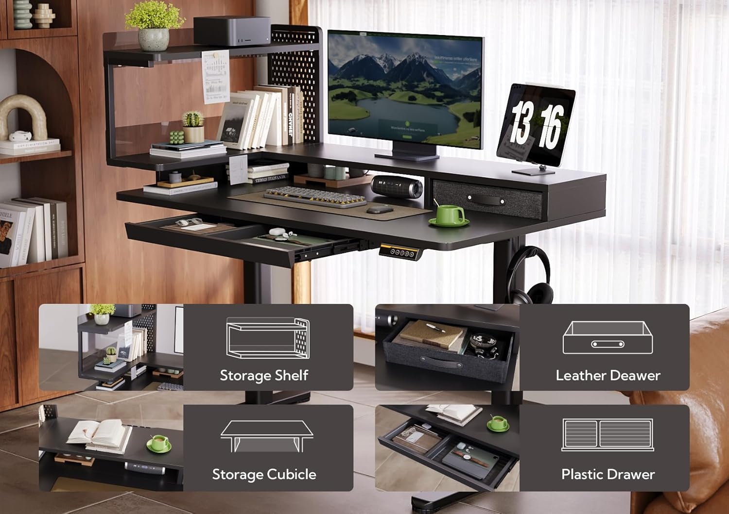 image:imageClaiks Electric Standing Desk 48 x 24 Inches Height Adjustable Desk with Removable Shelves Stand Up Desks Computer Workstation Black